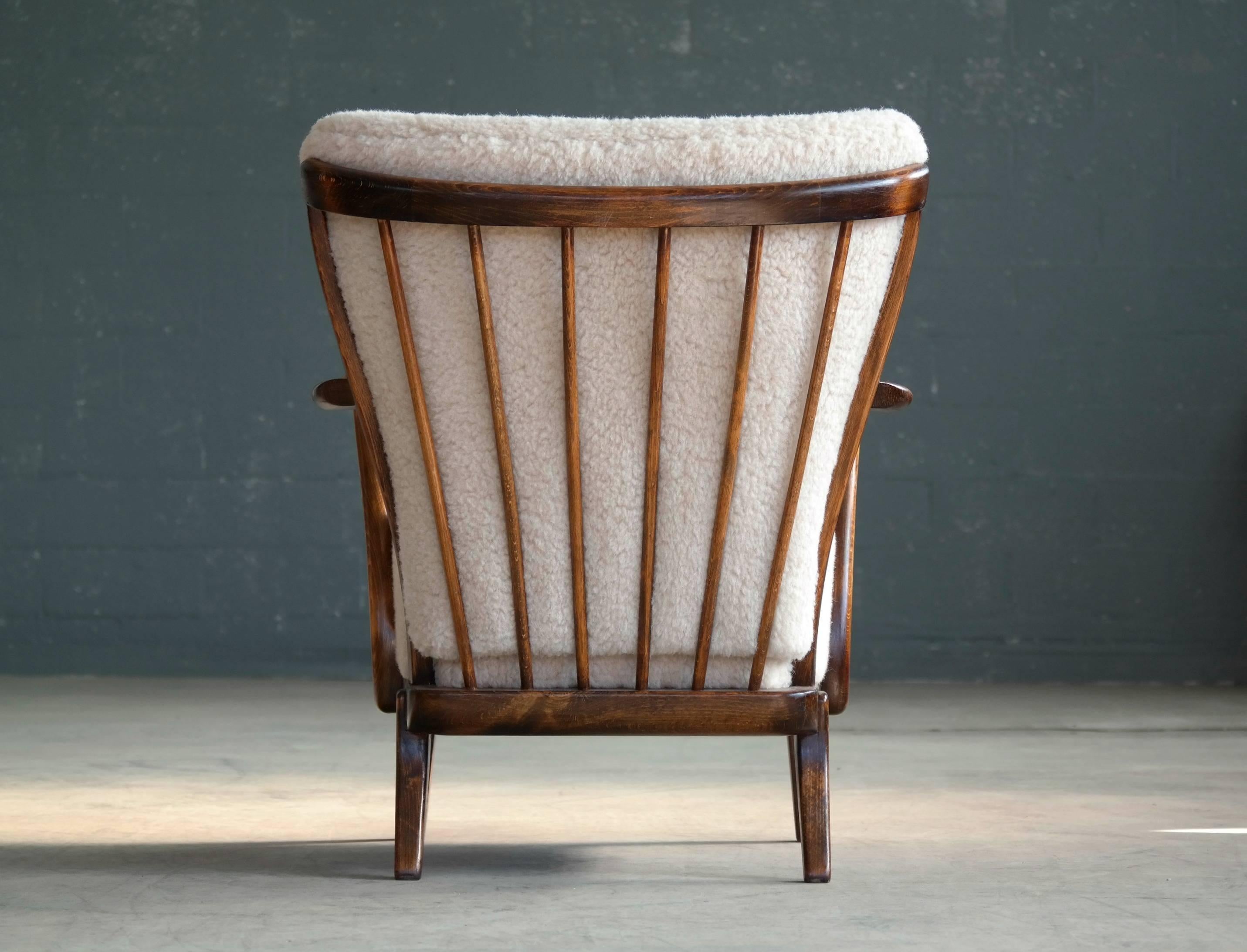 Stained Danish 1940s Spindle Back Lounge Chair in Lambswool by Alfred Christensen