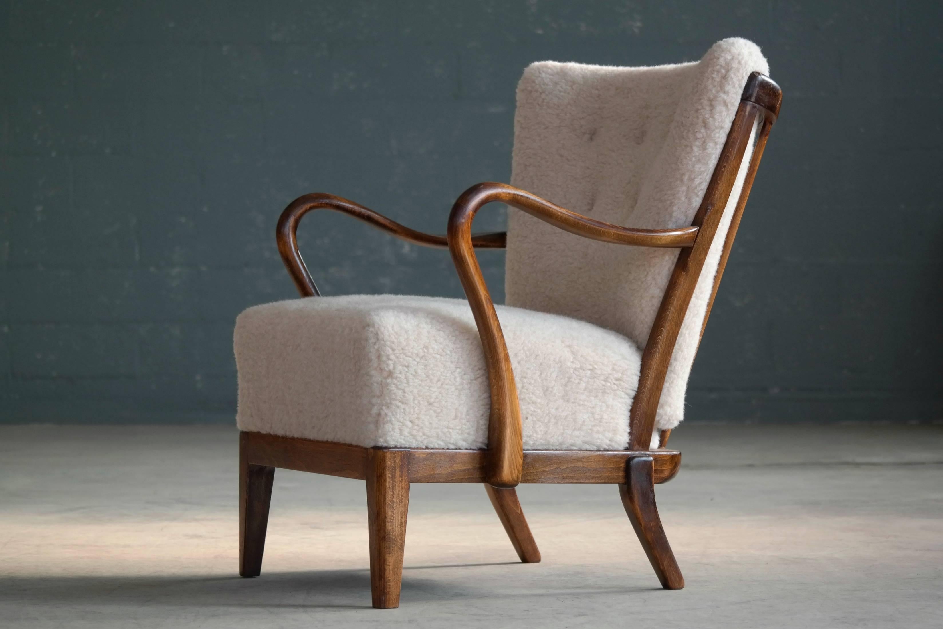 Stained Danish 1940s Spindle Back Lounge Chair in Lambswool by Alfred Christensen