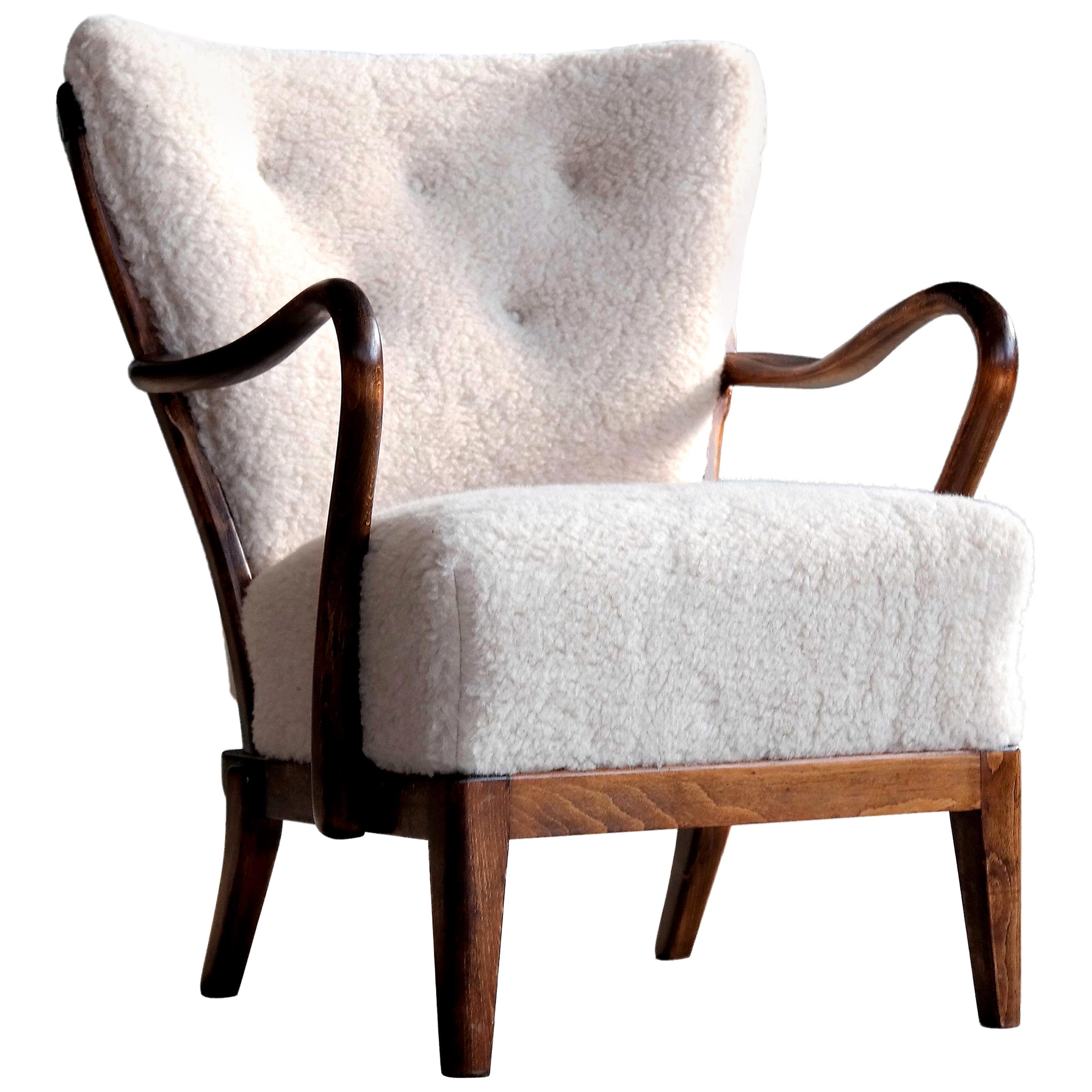 Danish 1940s Spindleback Lounge Chair in Lambswool by Alfred Christensen