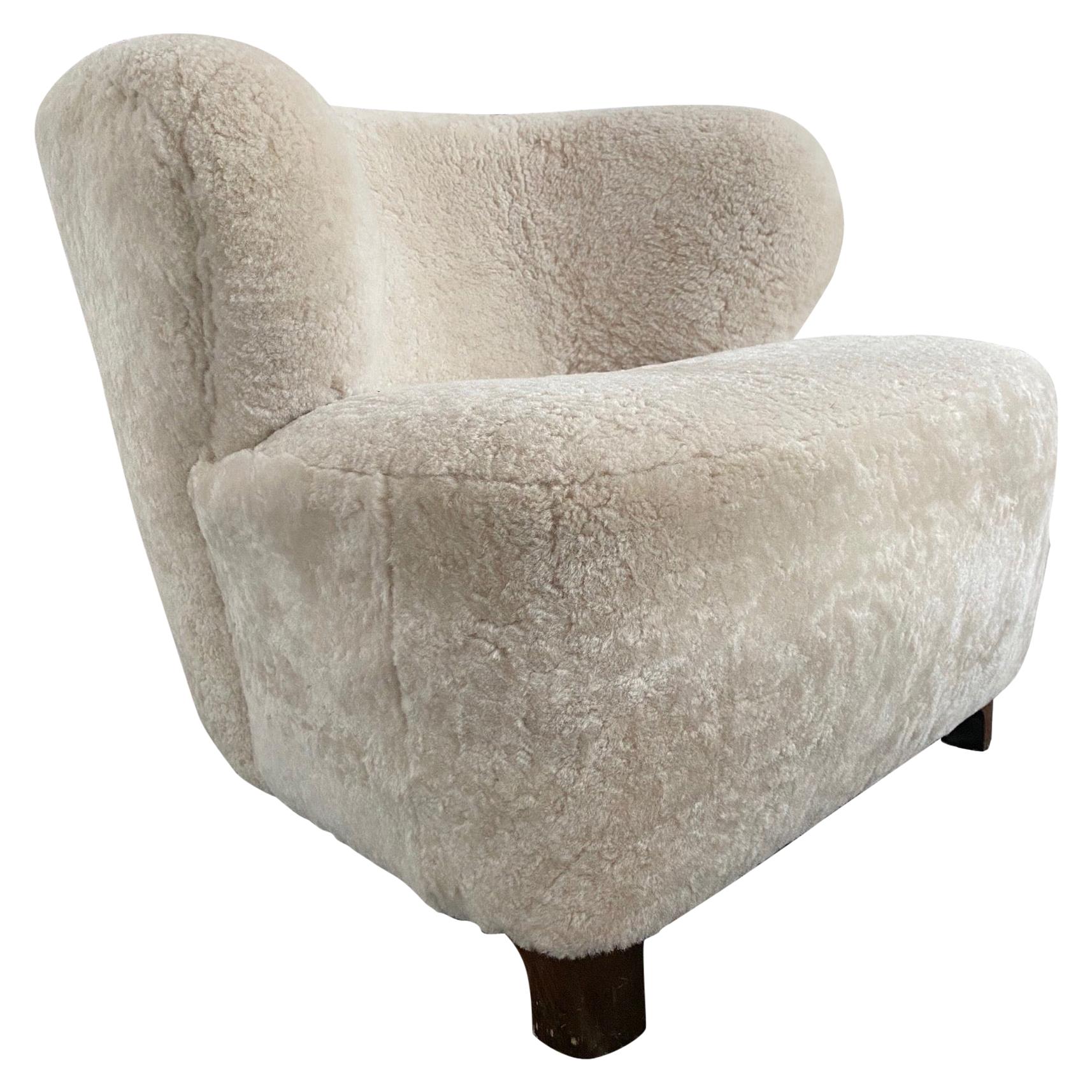 Danish 1940s Viggo Boesen Style Lounge Chair Upholstered in Cream Shearling