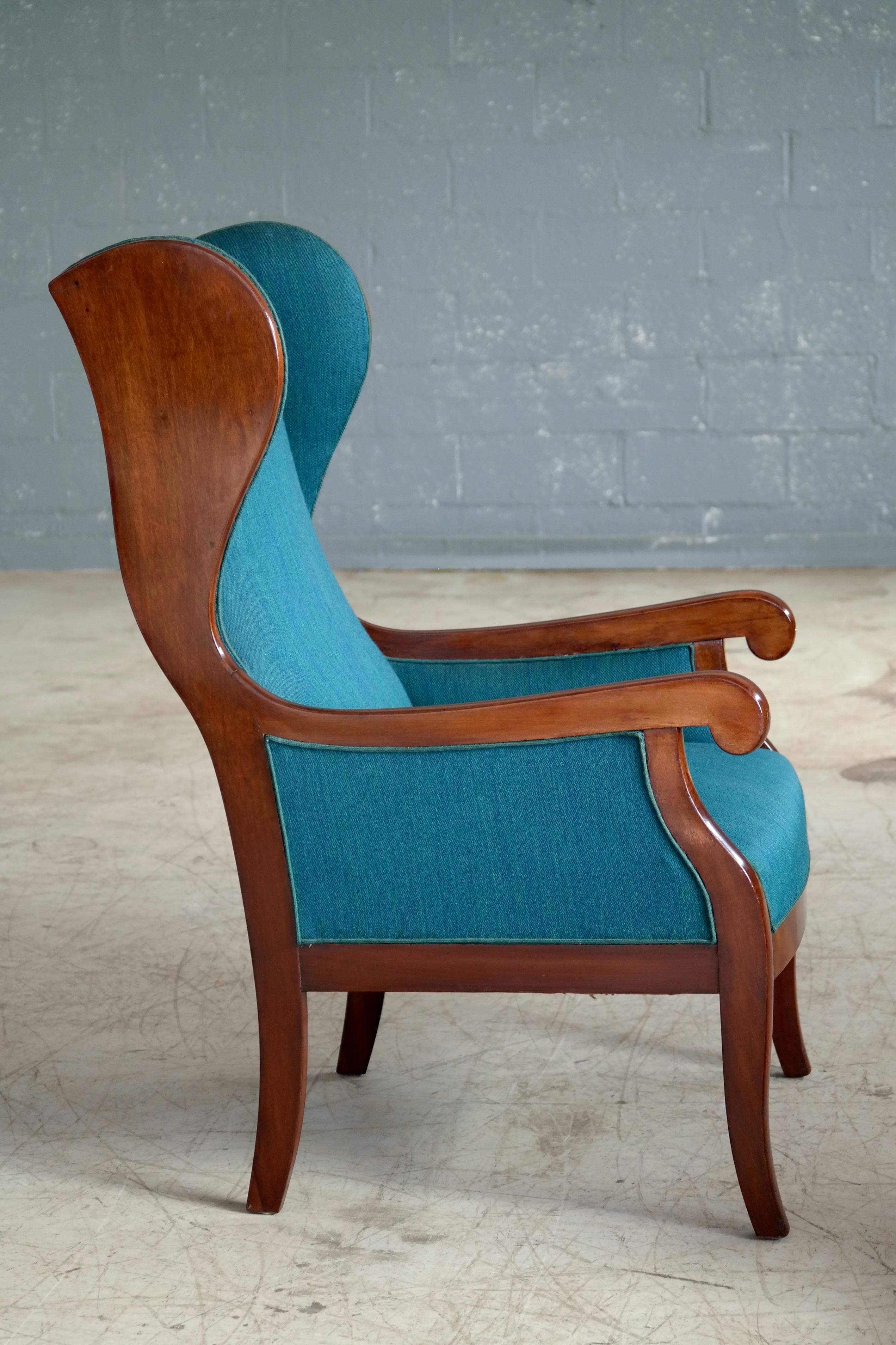 Wool Danish 1940s Wingback Chair in Mahogany by Master Carpenter Frits Henningsen