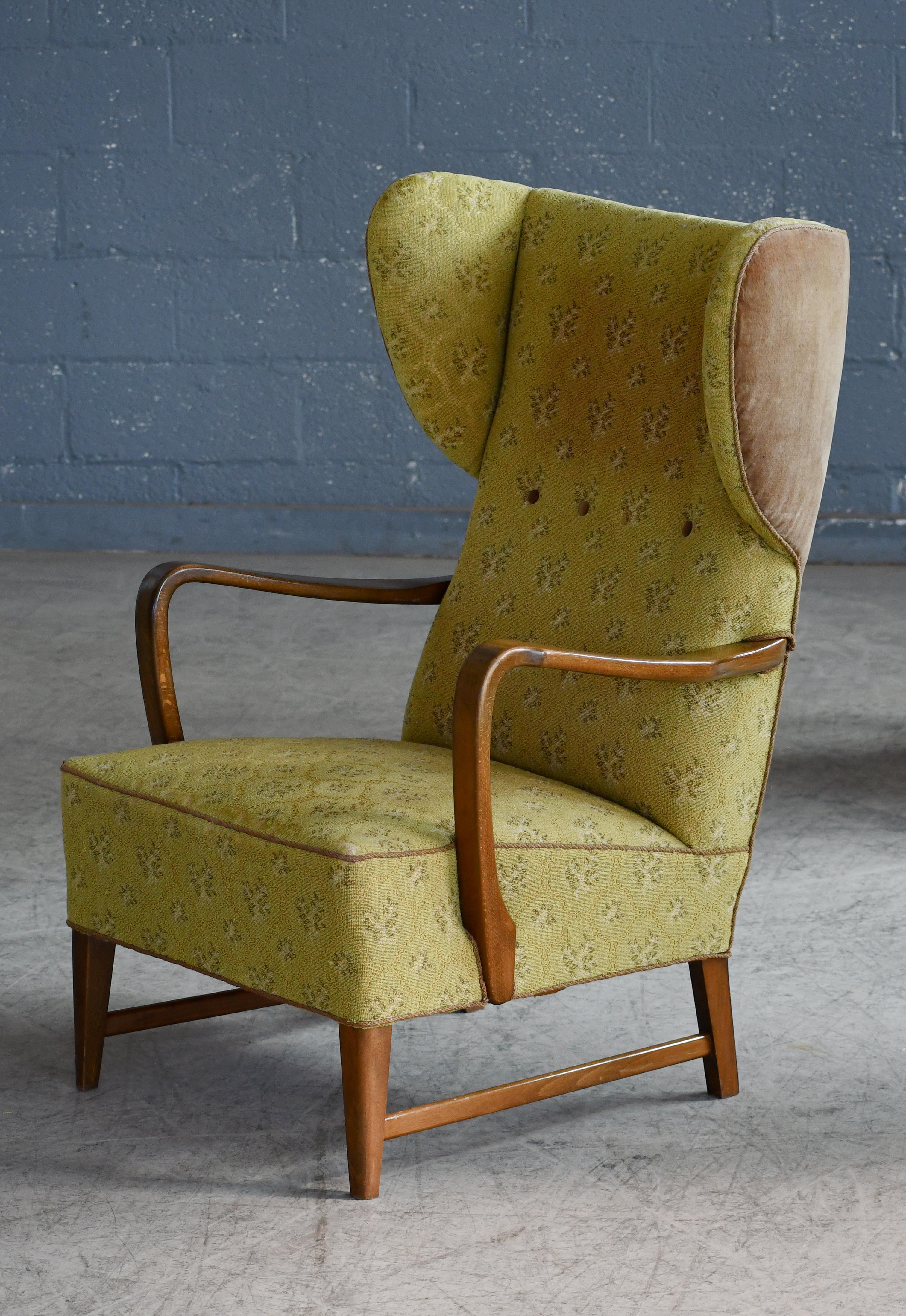 Mid-20th Century Danish 1940s Wingback Lounge Chair with Open Armrests For Sale