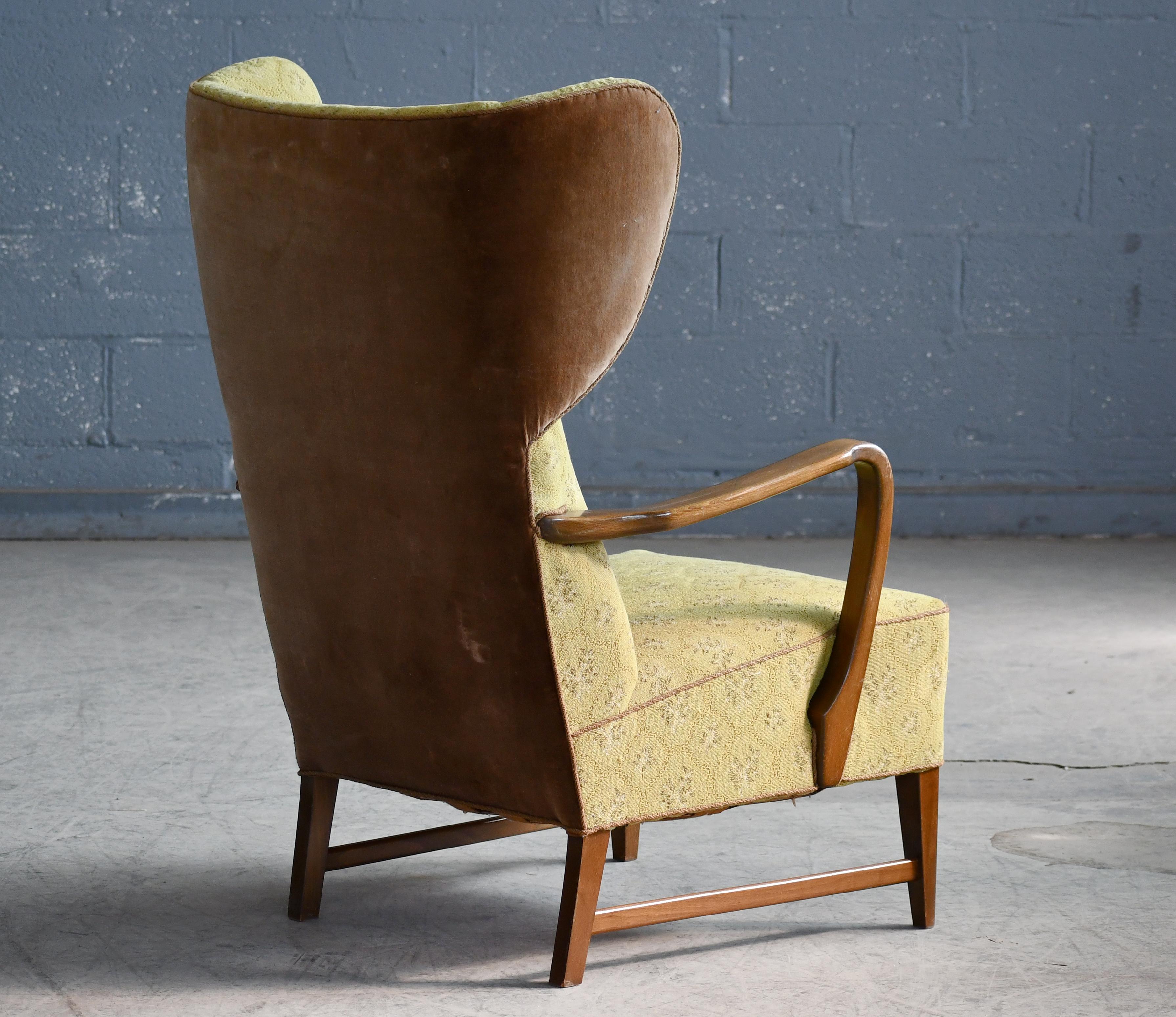 Wool Danish 1940s Wingback Lounge Chair with Open Armrests For Sale