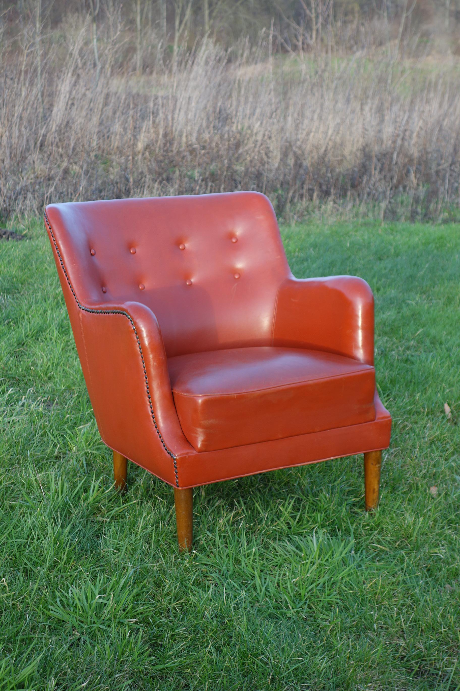 Mid-Century Modern Danish 1940ties Red Leather Chair