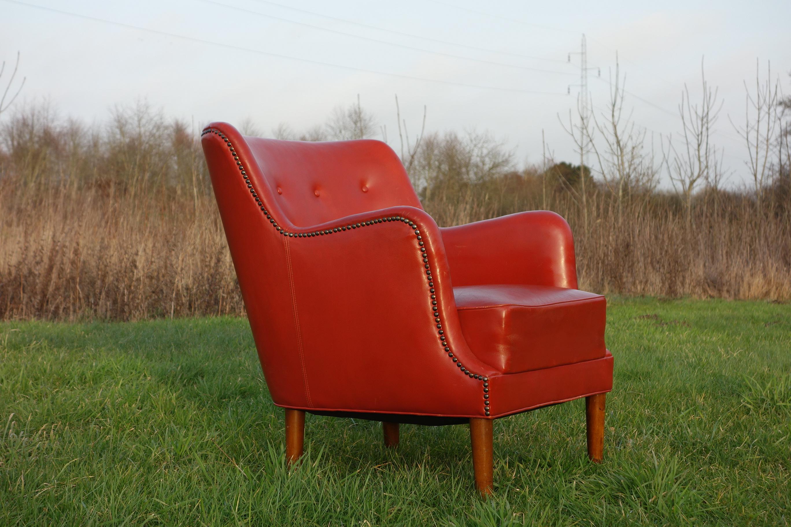 European Danish 1940ties Red Leather Chair