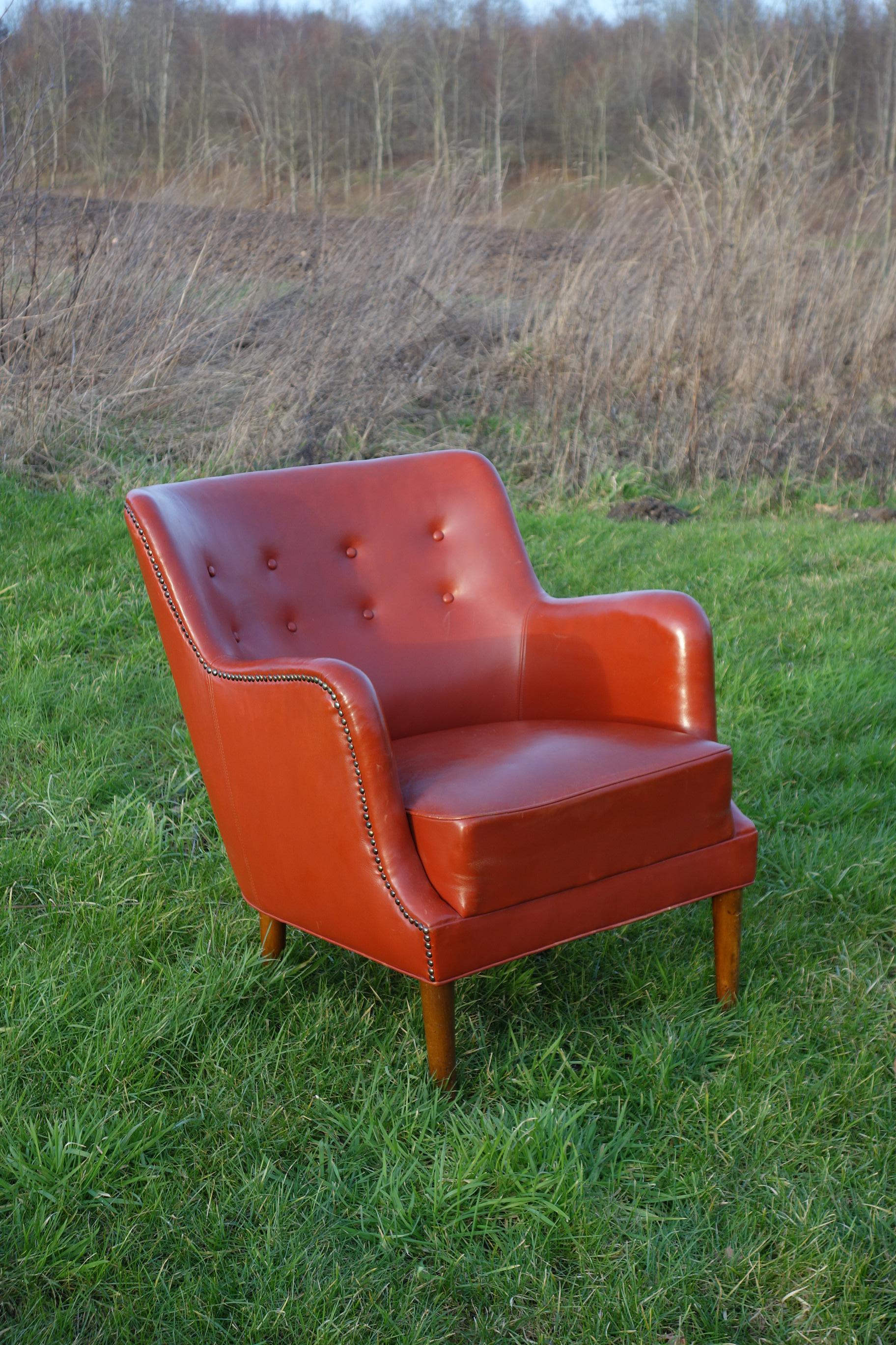 Danish 1940ties Red Leather Chair In Good Condition In Vejle Øst, DK