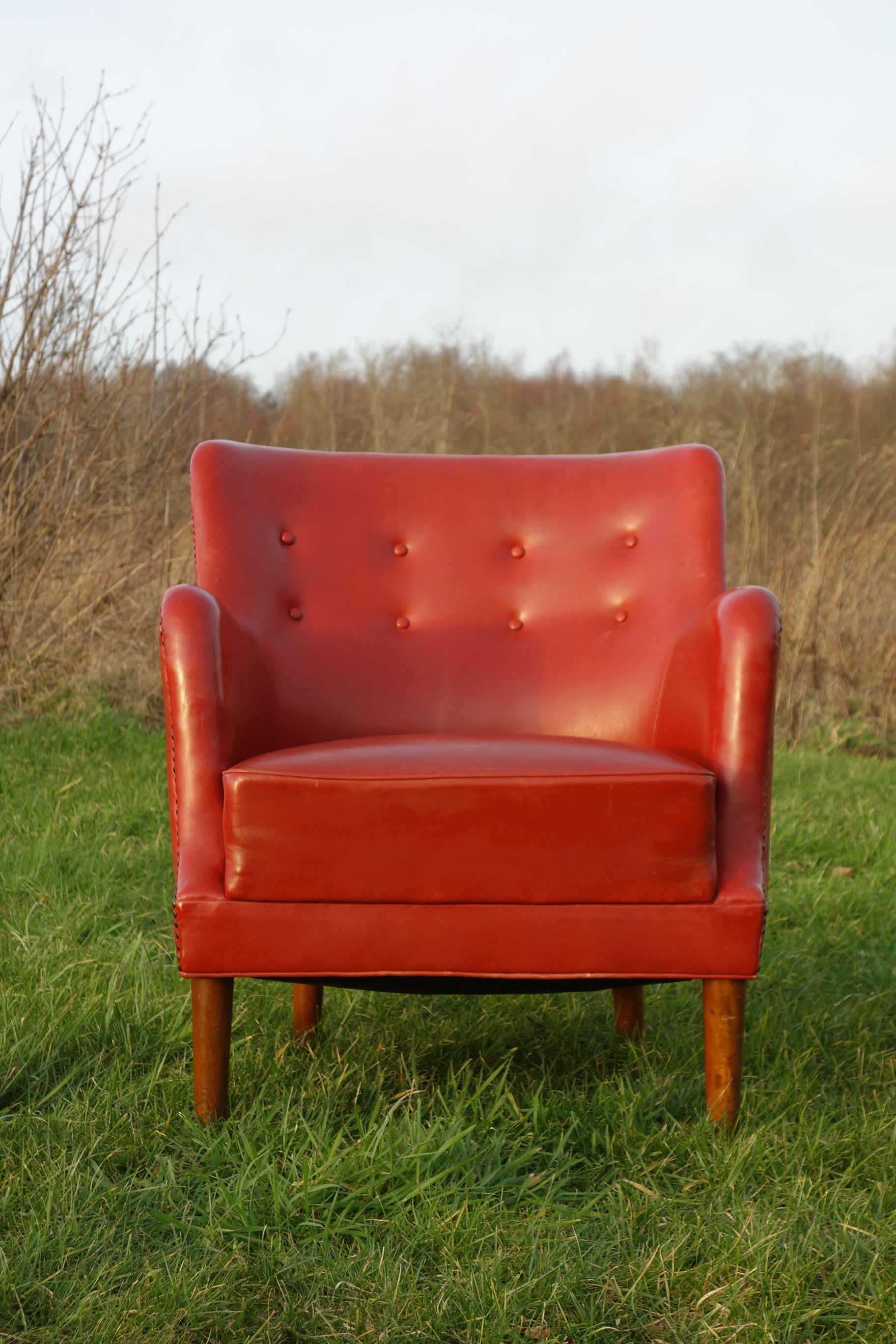 Danish 1940ties Red Leather Chair 2