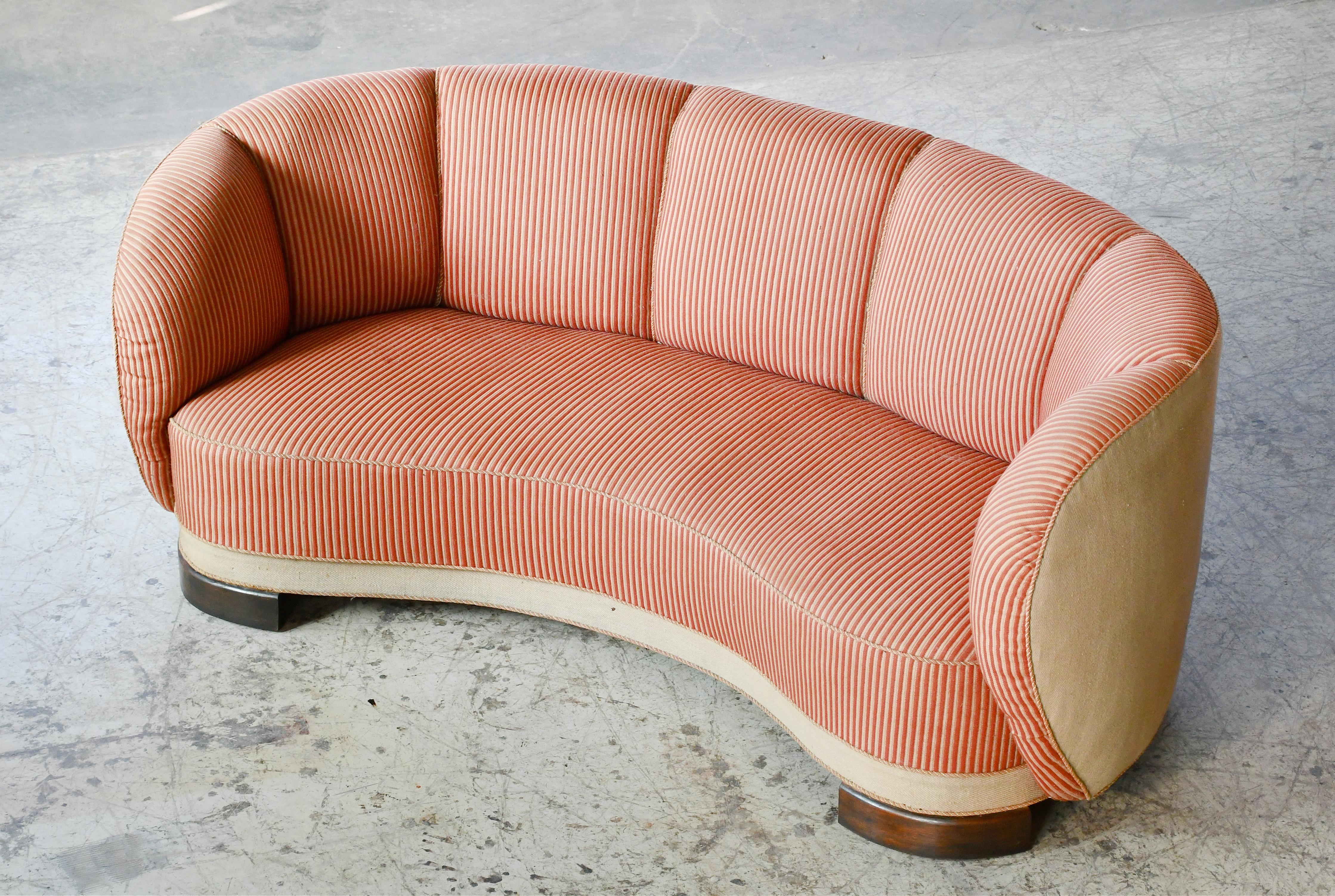 Mid-20th Century Danish 1940s Banana Form Curved Sofa or Loveseat For Sale