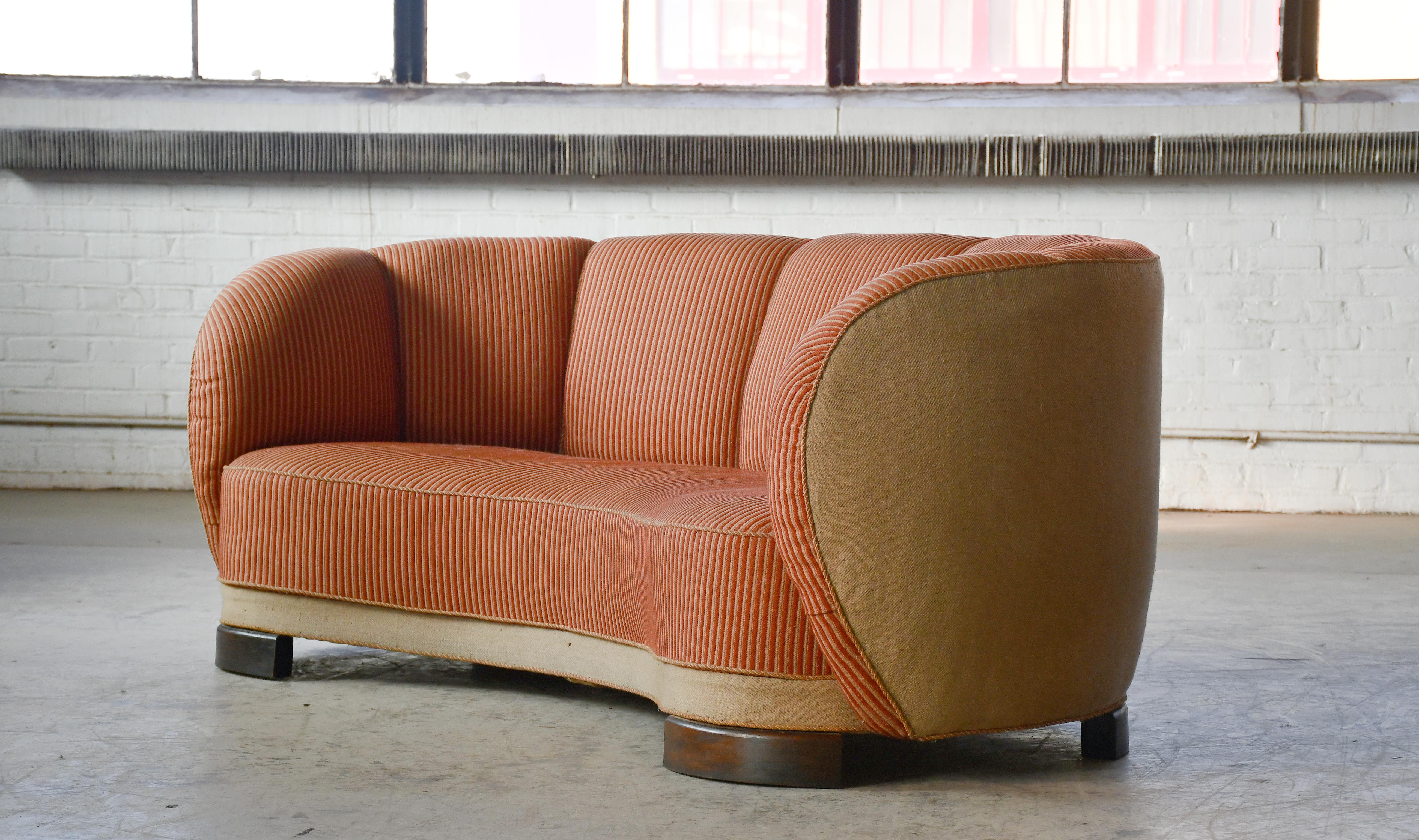 Danish 1940s Banana Form Curved Sofa or Loveseat For Sale 1