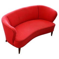 Danish 1950s Curved Banana Shape Loveseat or Setteewith Red Wool Fabric