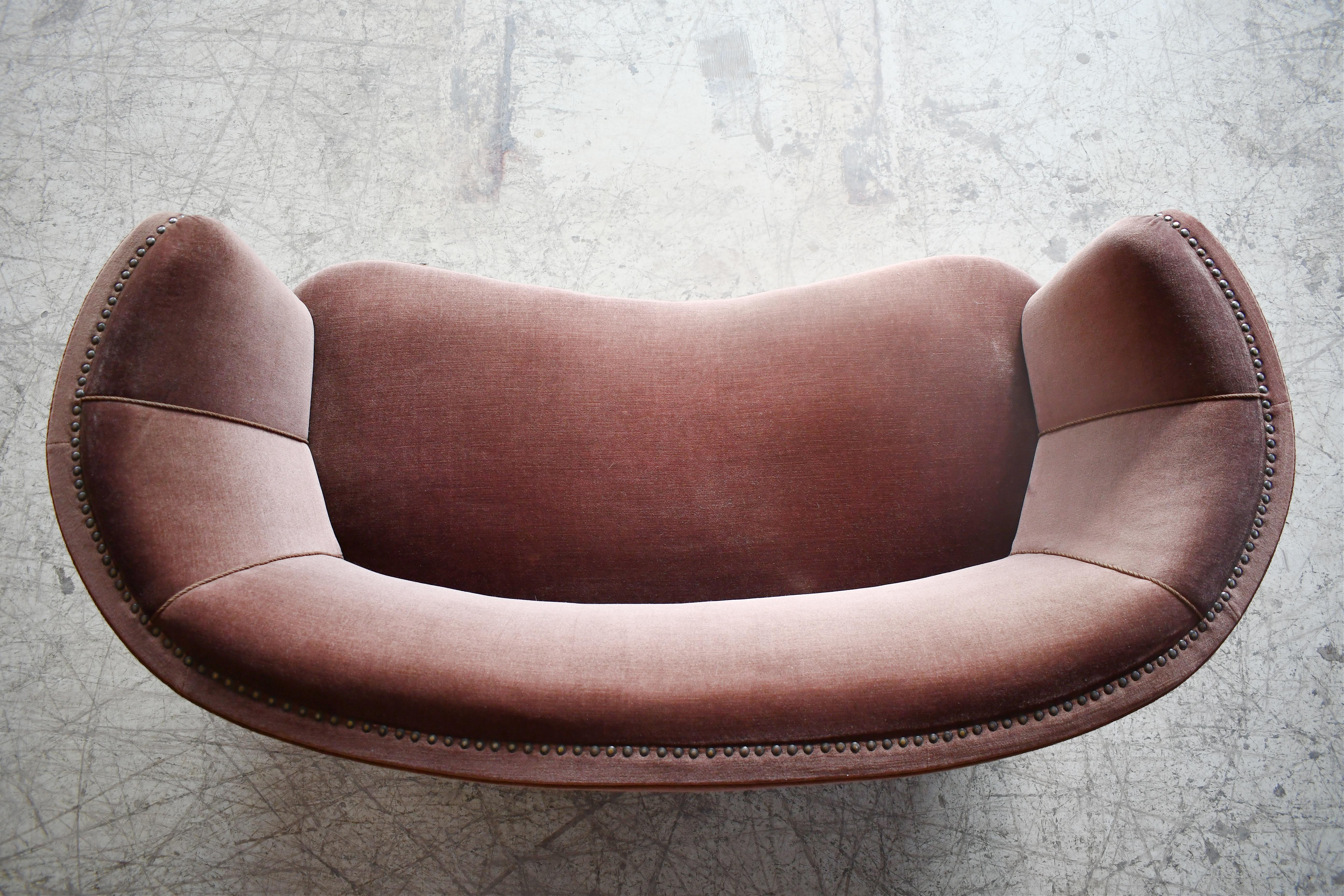 Mid-Century Modern Danish 1950s Curved Banana Shape Loveseat with Channeled Back in Brown Mohair 