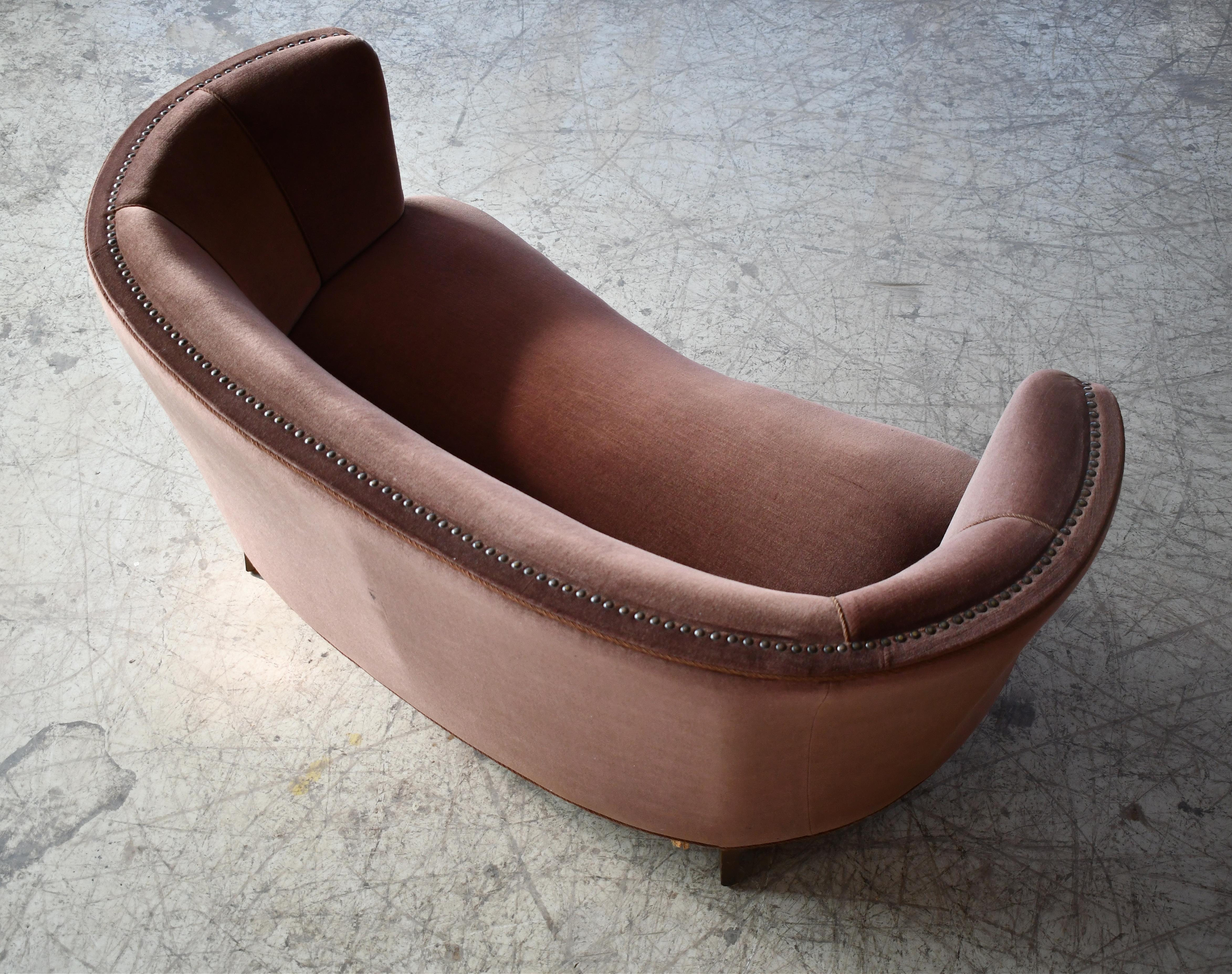 Danish 1950s Curved Banana Shape Loveseat with Channeled Back in Brown Mohair  1