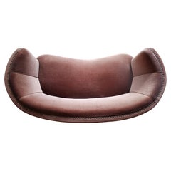 Danish 1950s Curved Banana Shape Loveseat with Channeled Back in Brown Mohair 