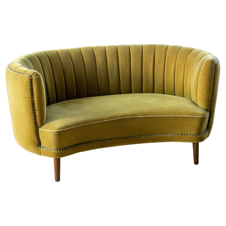 Danish 1950s Curved Banana Shape Loveseat with Channeled back in Yellow ...