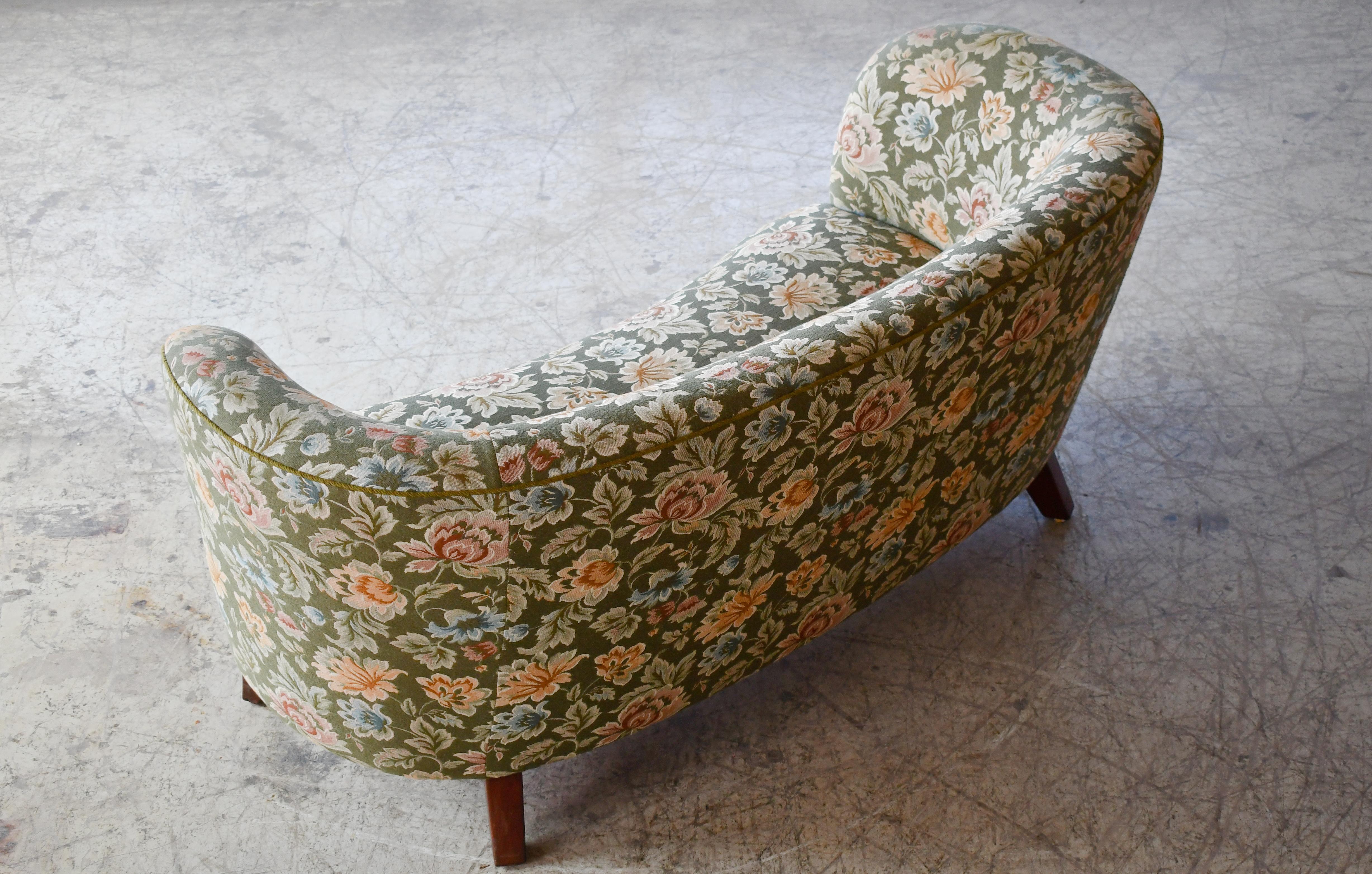 Mid-20th Century Danish 1950s Curved Banana Shape Loveseat with Green Floral Wool Fabric