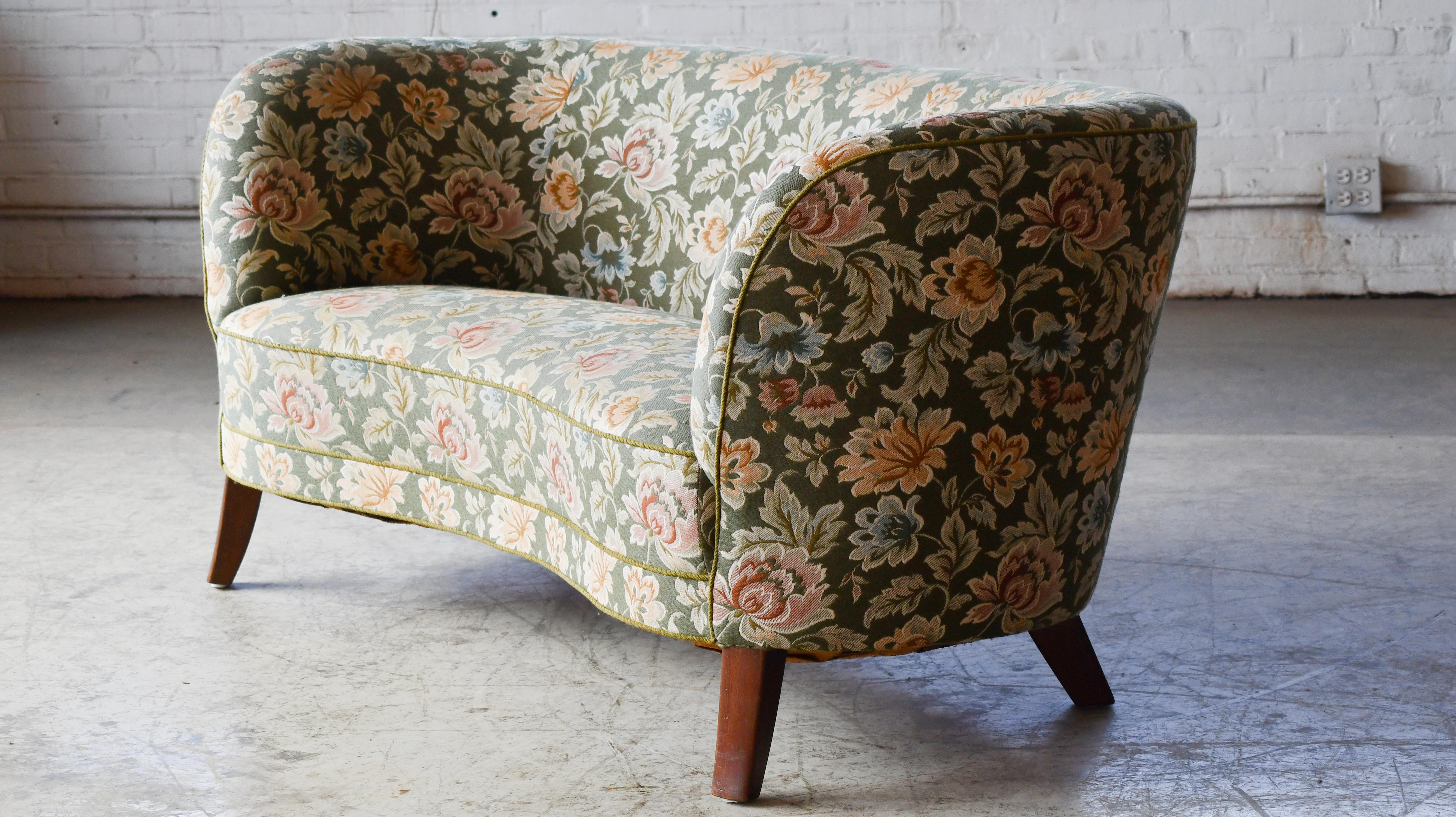 Mohair Danish 1950s Curved Banana Shape Loveseat with Green Floral Wool Fabric