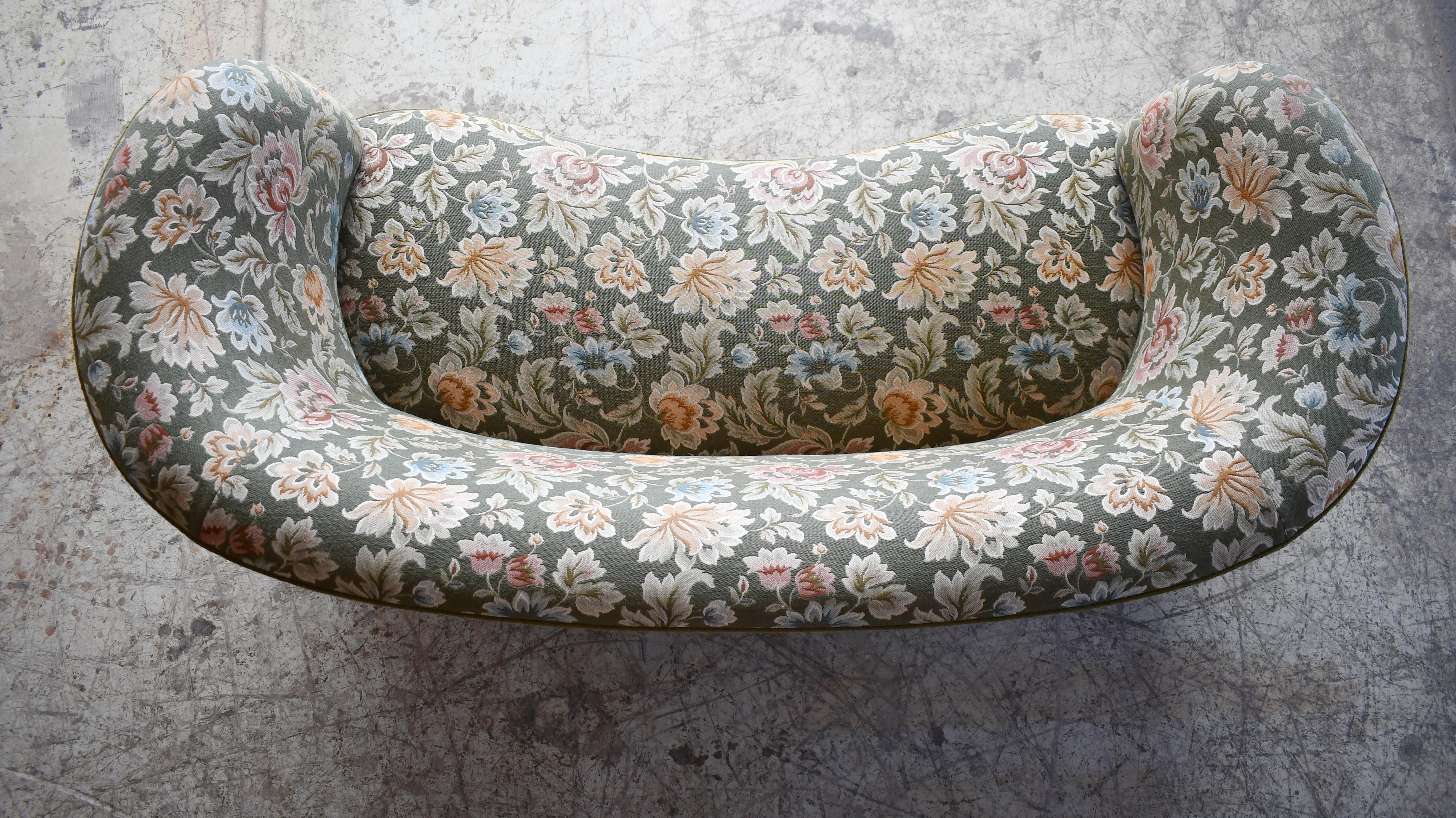 Danish 1950s Curved Banana Shape Loveseat with Green Floral Wool Fabric 1