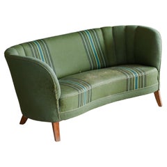 Danish 1950s Curved Banana Shape Loveseat with Green Striped Wool Fabric