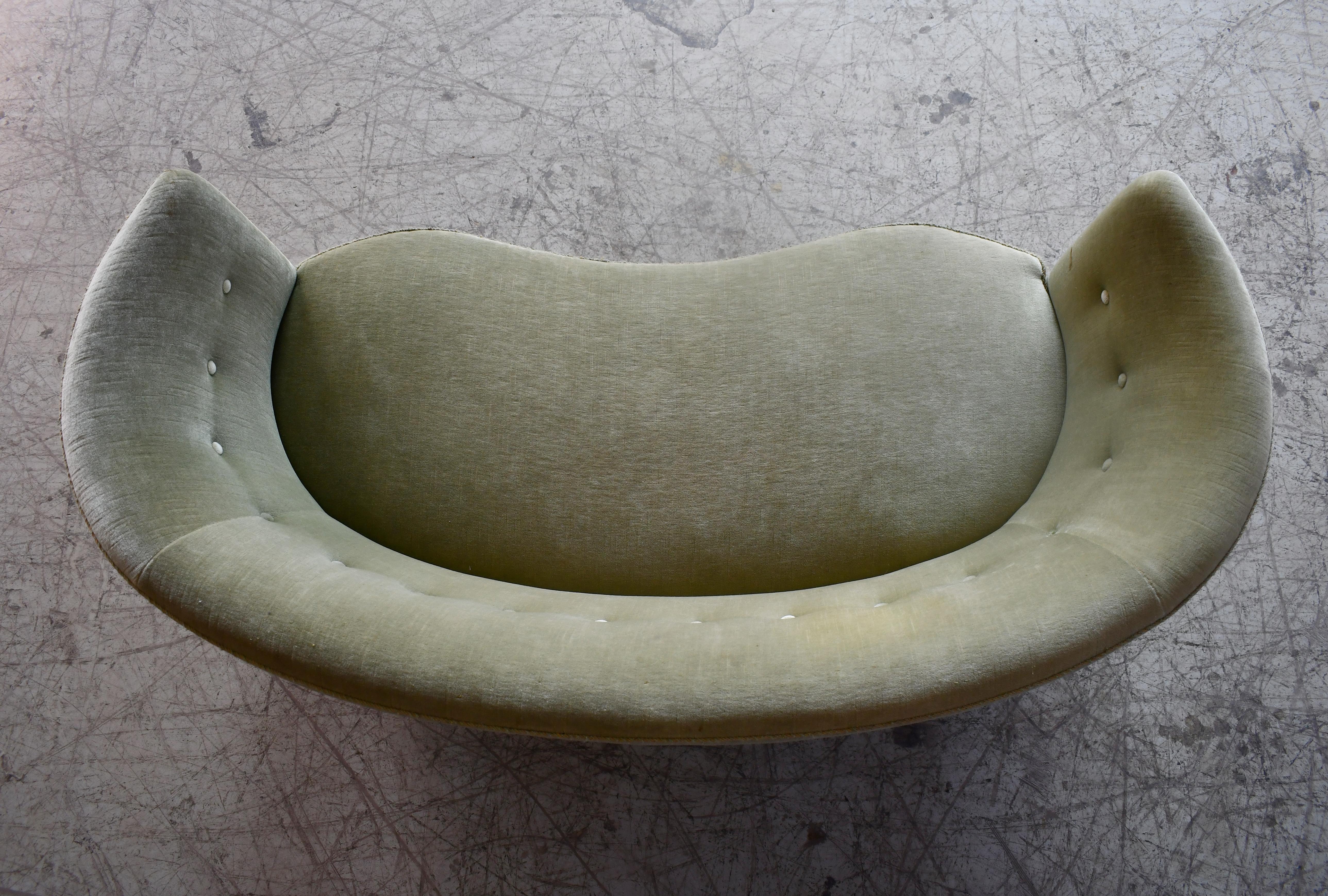 Mid-20th Century Danish 1950s Curved Banana Shape Loveseat with Smooth Back in Green Mohair