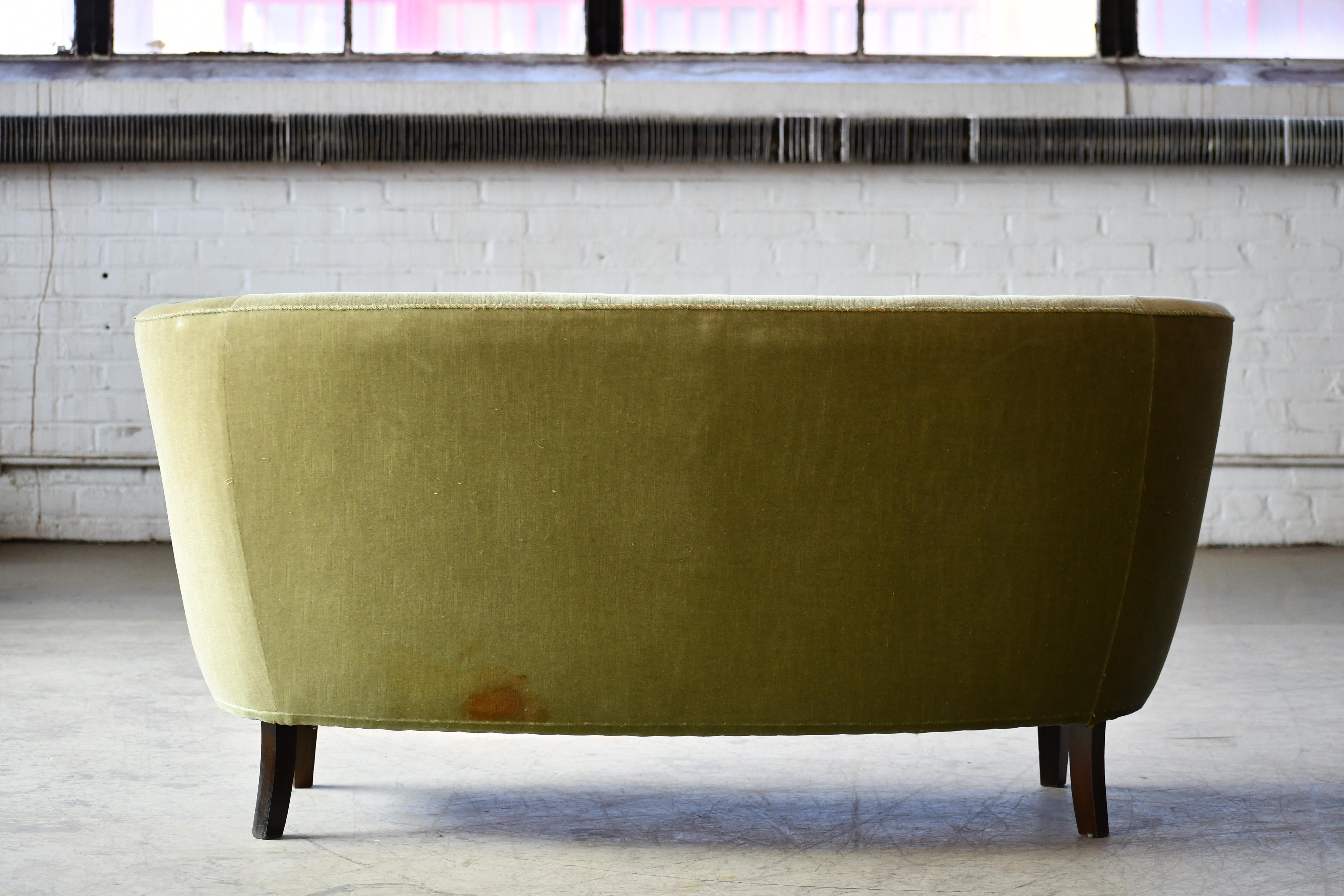 Danish 1950s Curved Banana Shape Loveseat with Smooth Back in Green Mohair 1