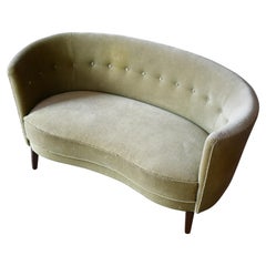 Danish 1950s Curved Banana Shape Loveseat with Smooth Back in Green Mohair
