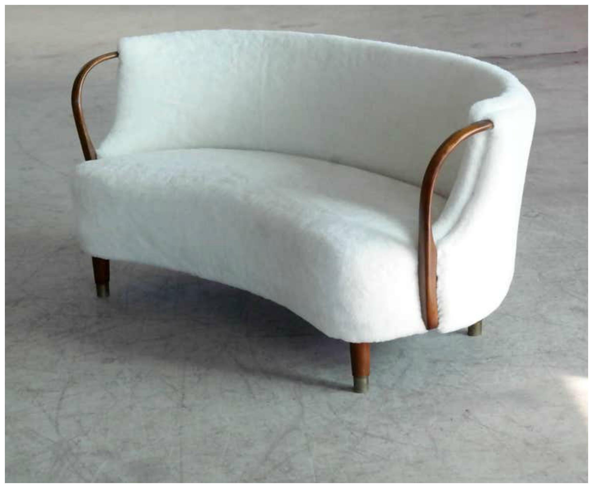 Danish 1950s Curved Banana Shaped Loveseat or Settee with Open Armrests 4