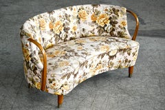 Danish 1950s Curved Banana Shaped Loveseat or Settee with Open Armrests