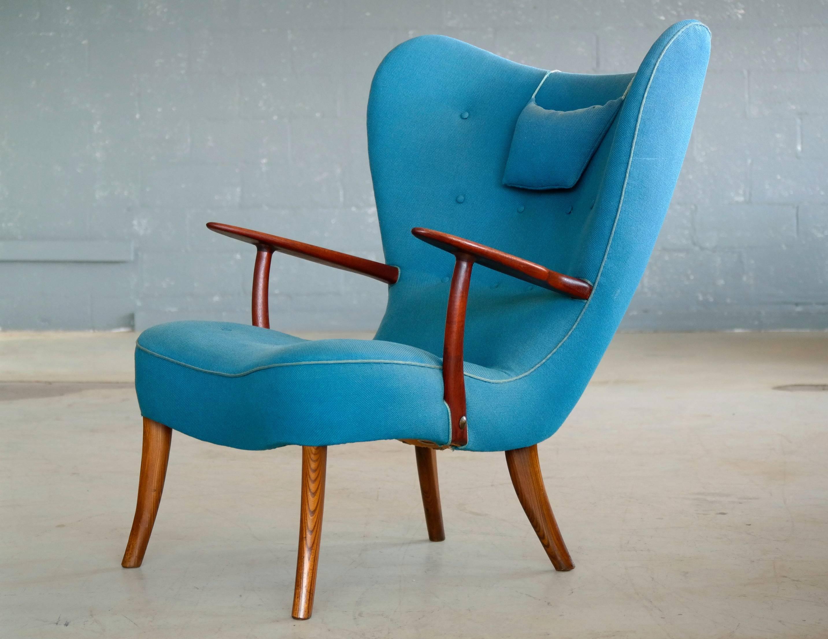 Mid-Century Modern Danish 1950s High Back Lounge Chair Model Pragh by Madsen and Schubell