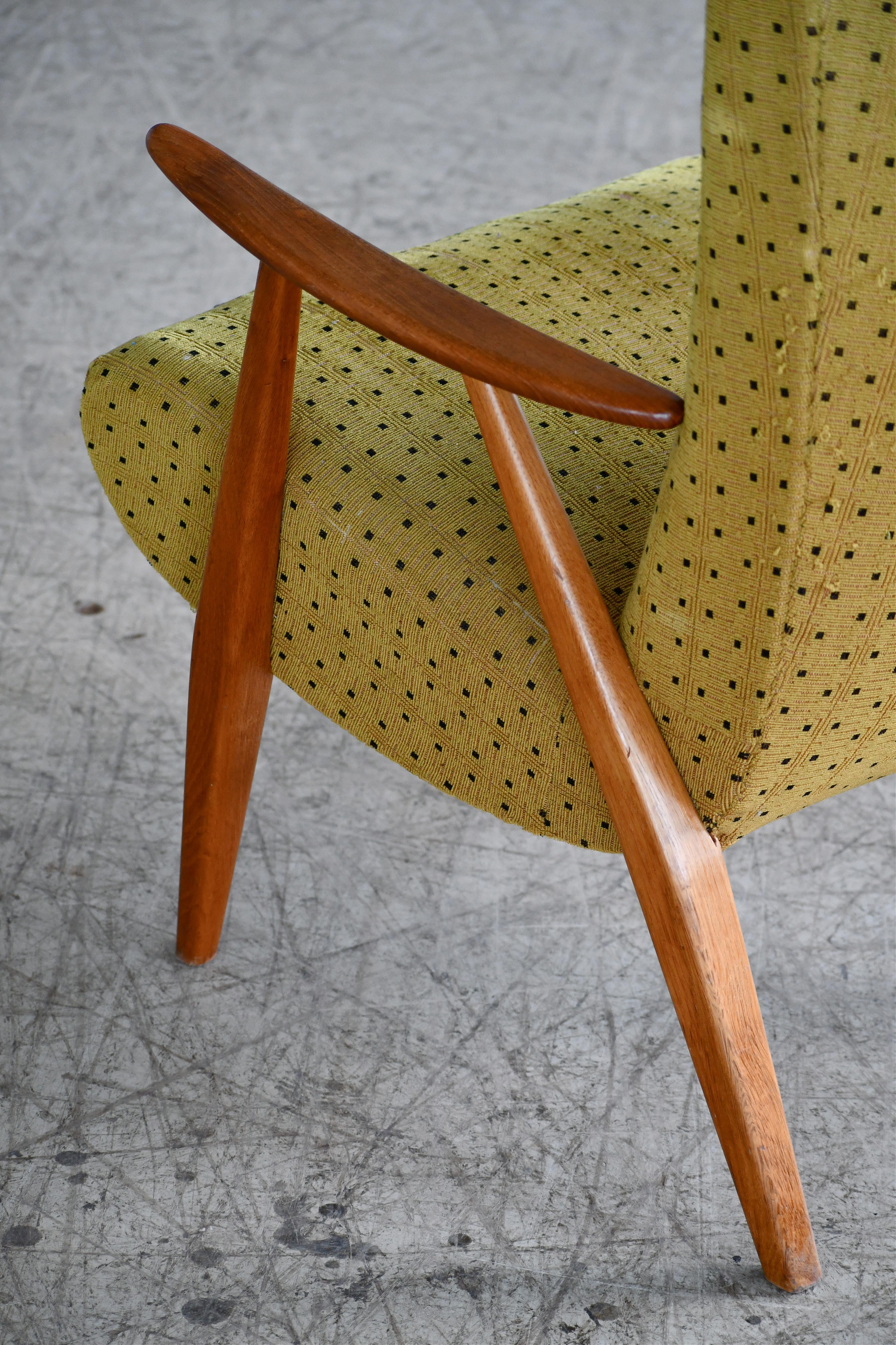 Mid-20th Century Danish 1950s Highback Easy Chair with Teak Armrests For Sale