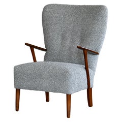 Danish 1950s Highback Lounge Chair in Grey Boucle Newly Upholstered