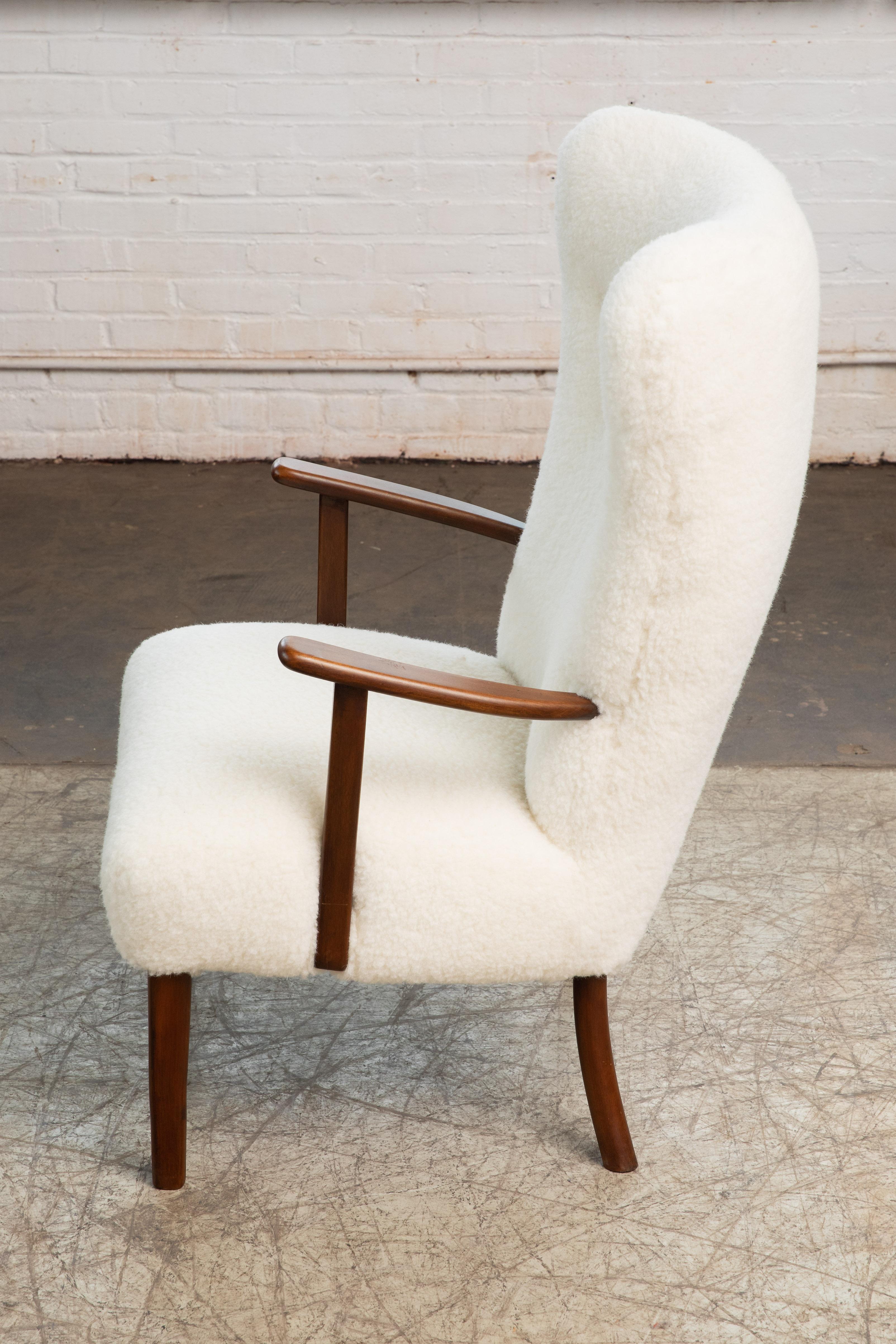 Stained Danish 1950s Highback Lounge Chair in Lambswool Model 1644 by Fritz Hansen