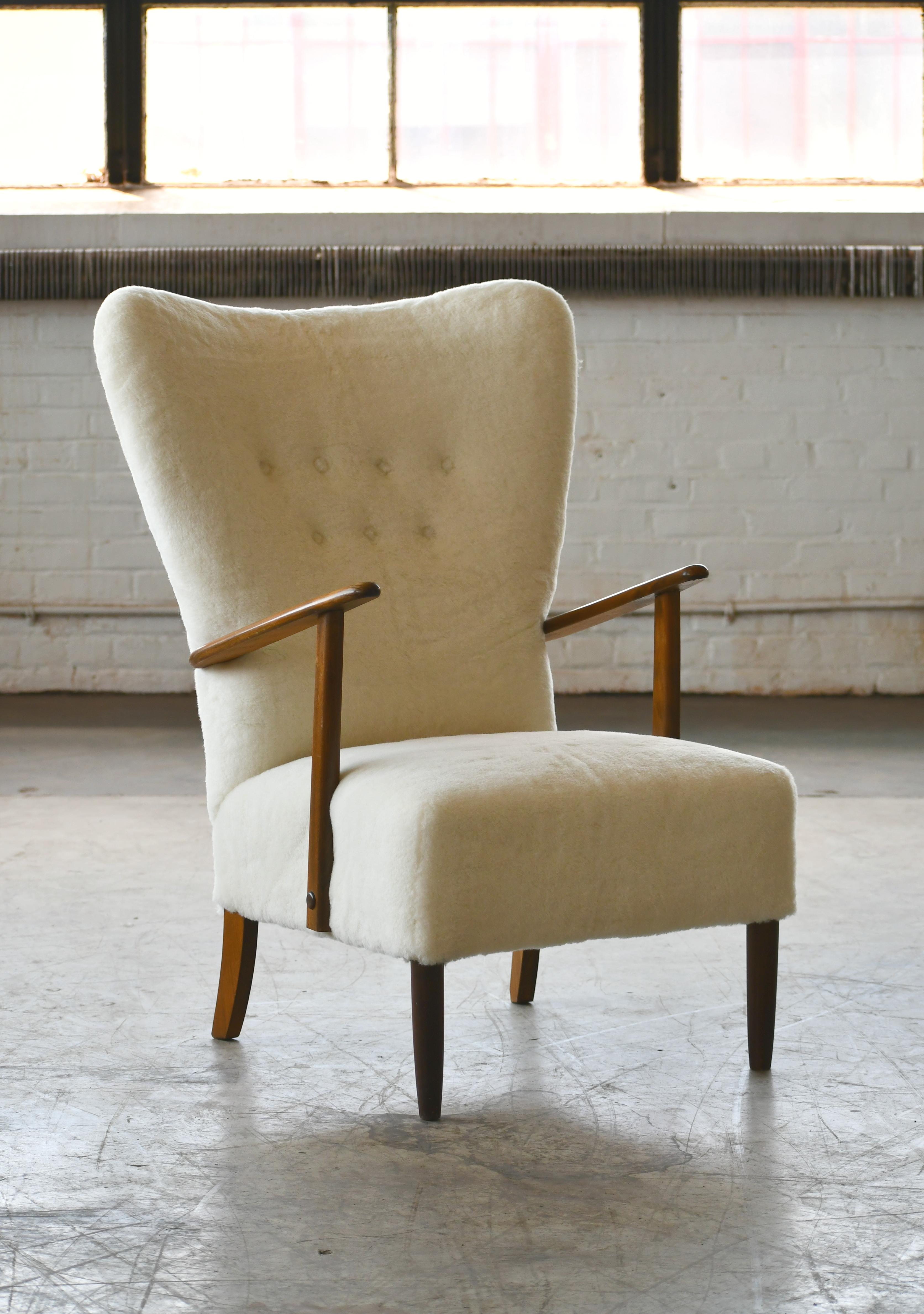 Danish 1950s Highback Lounge Chair Newly Upholstered in Lambswool 5