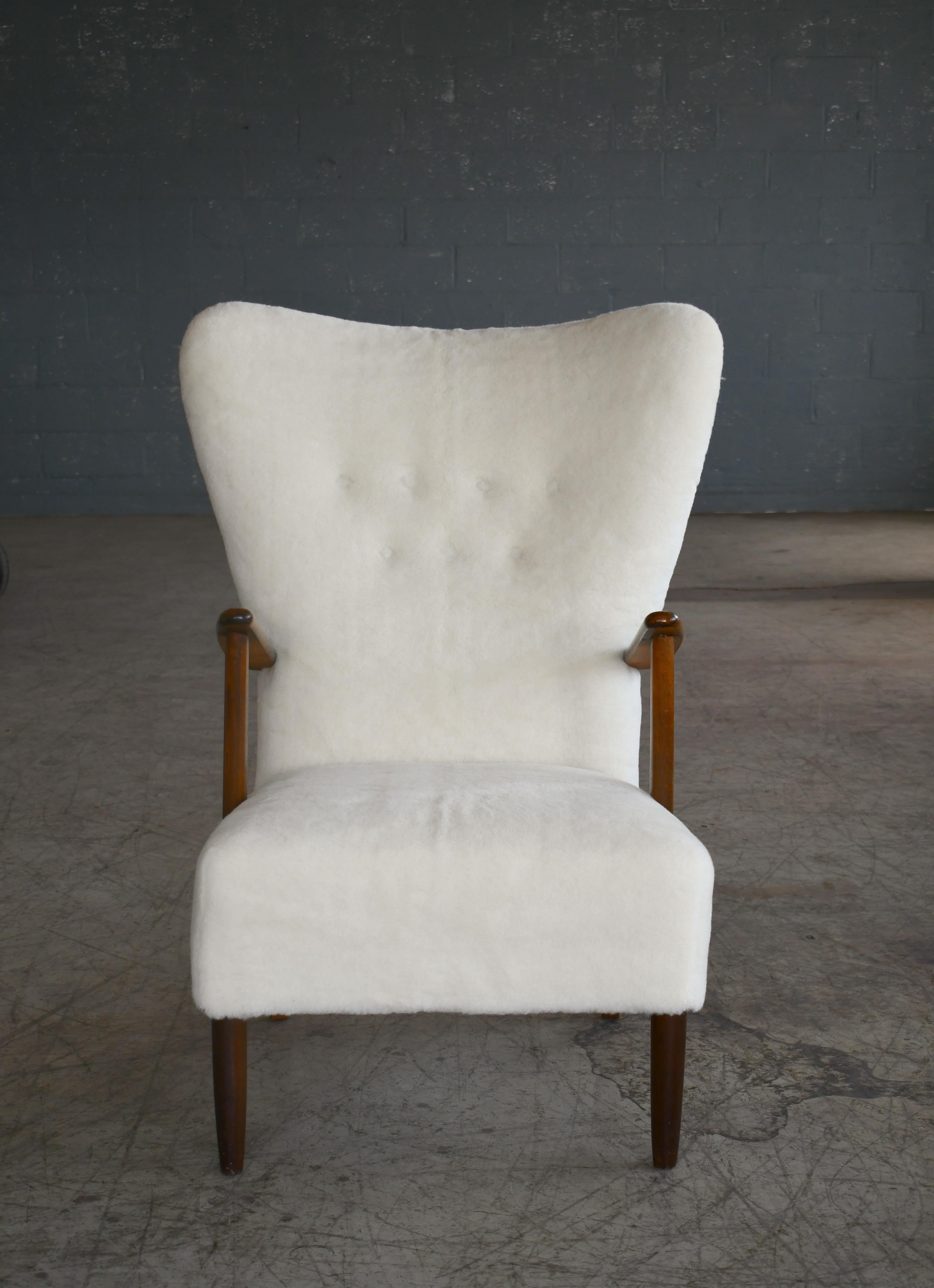 Mid-Century Modern Danish 1950s Highback Lounge Chair Newly Upholstered in Lambswool