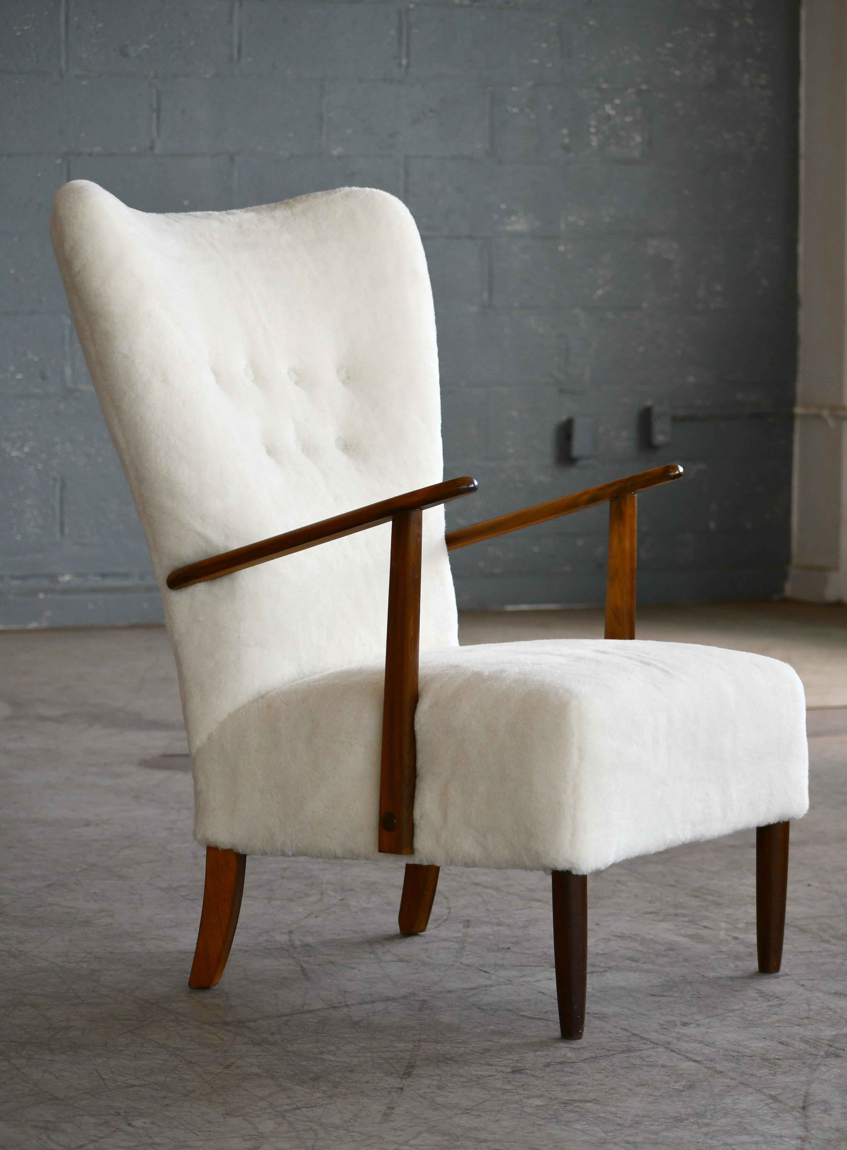Mid-20th Century Danish 1950s Highback Lounge Chair Newly Upholstered in Lambswool