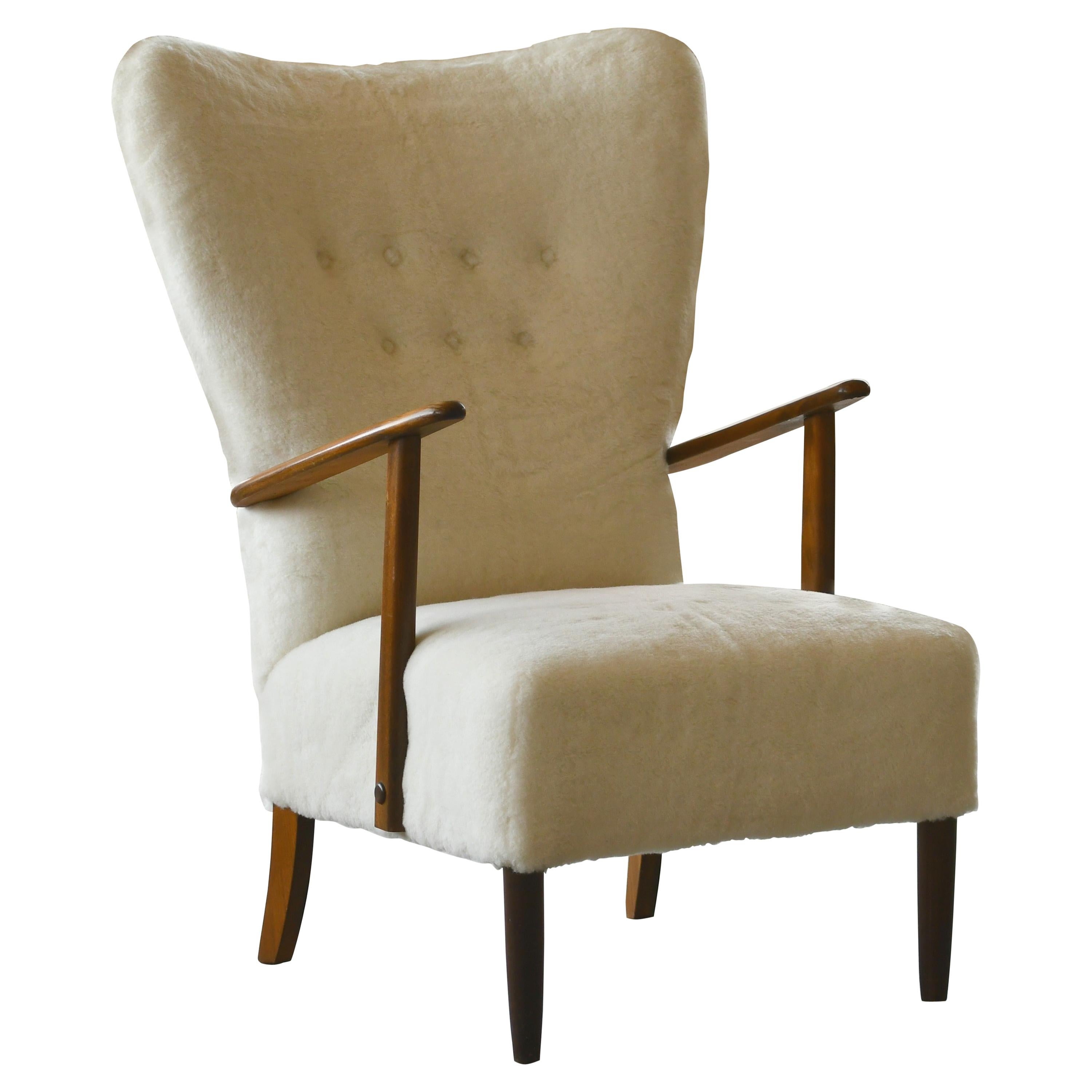 Danish 1950s Highback Lounge Chair Newly Upholstered in Lambswool