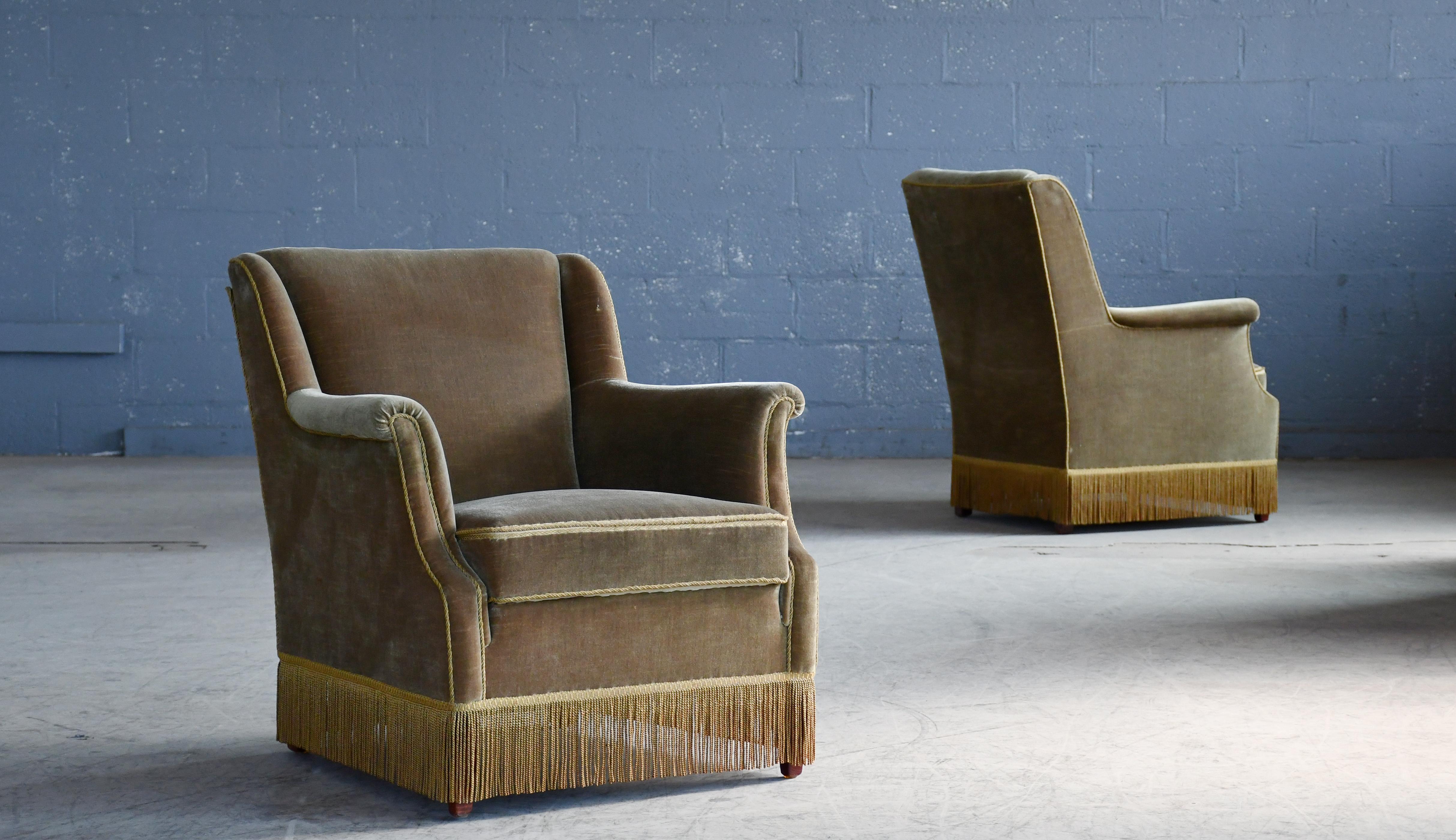 Danish 1950's His and Hers Lounge Chairs in Olive Mohair (Dänisch) im Angebot