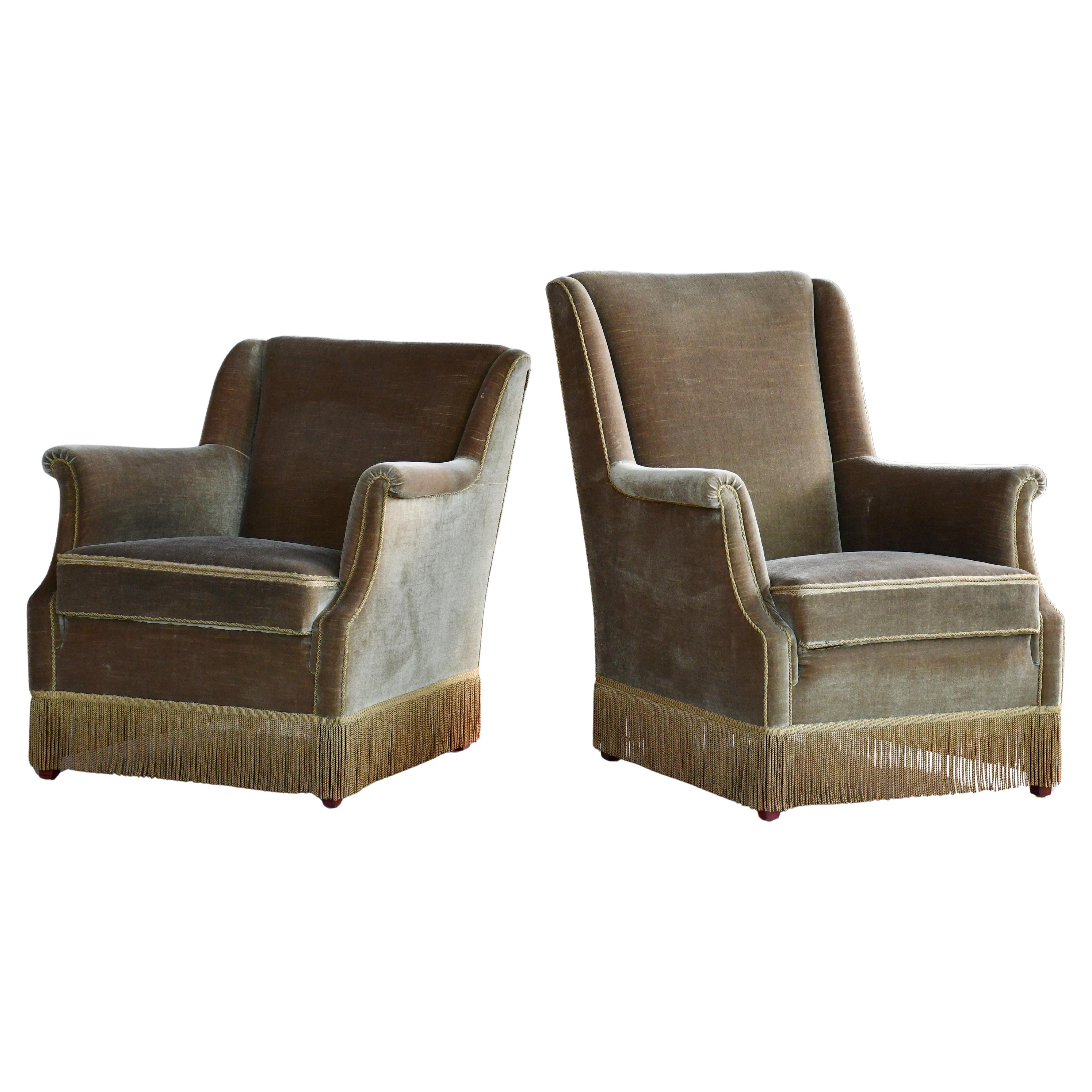 Danish 1950's His and Hers Lounge Chairs in Olive Mohair