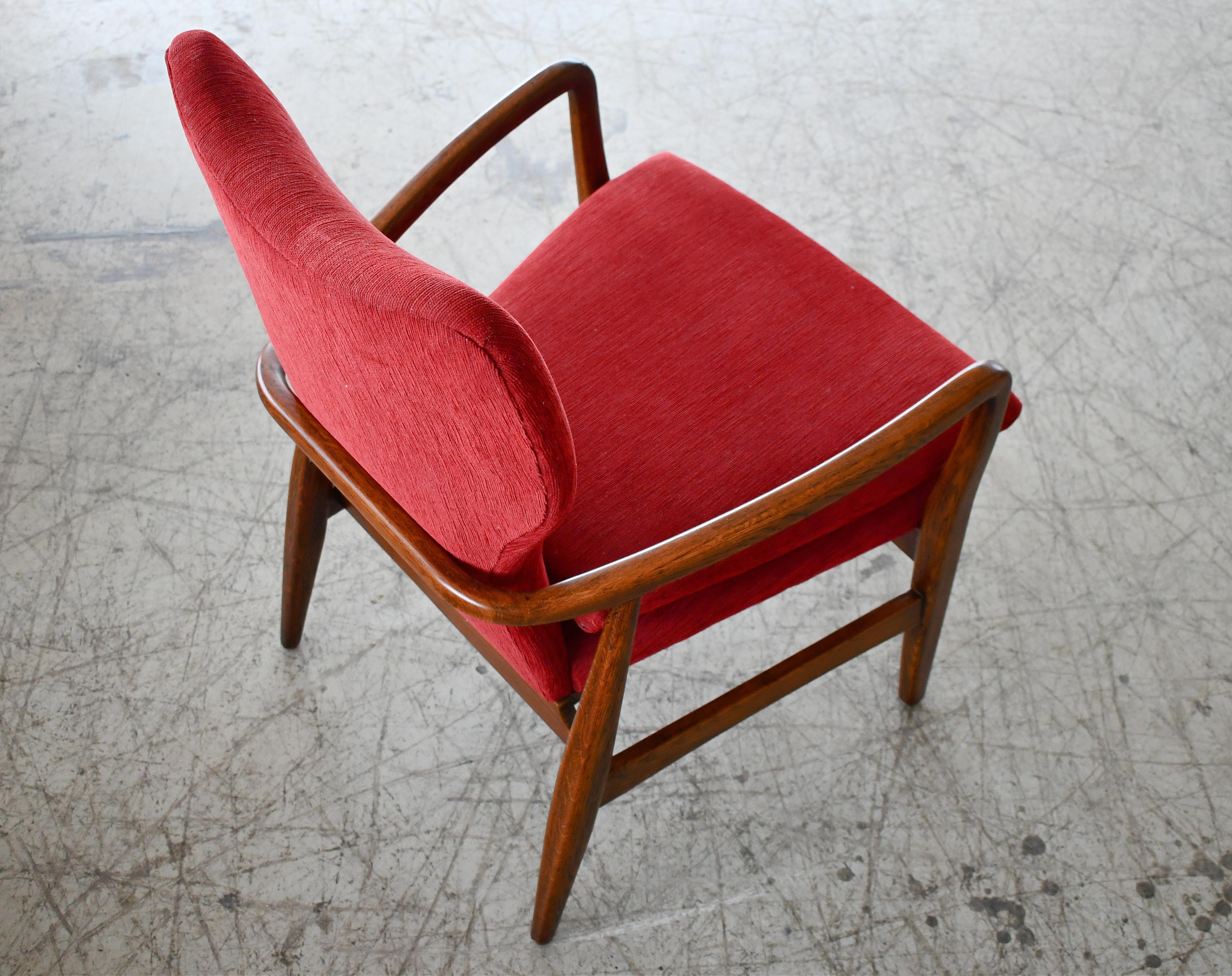 Wool Danish 1950's Lounge Chair with Slim Sculptural Carved Oak Frame  For Sale