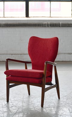 Vintage Danish 1950's Lounge Chair with Slim Sculptural Carved Oak Frame 