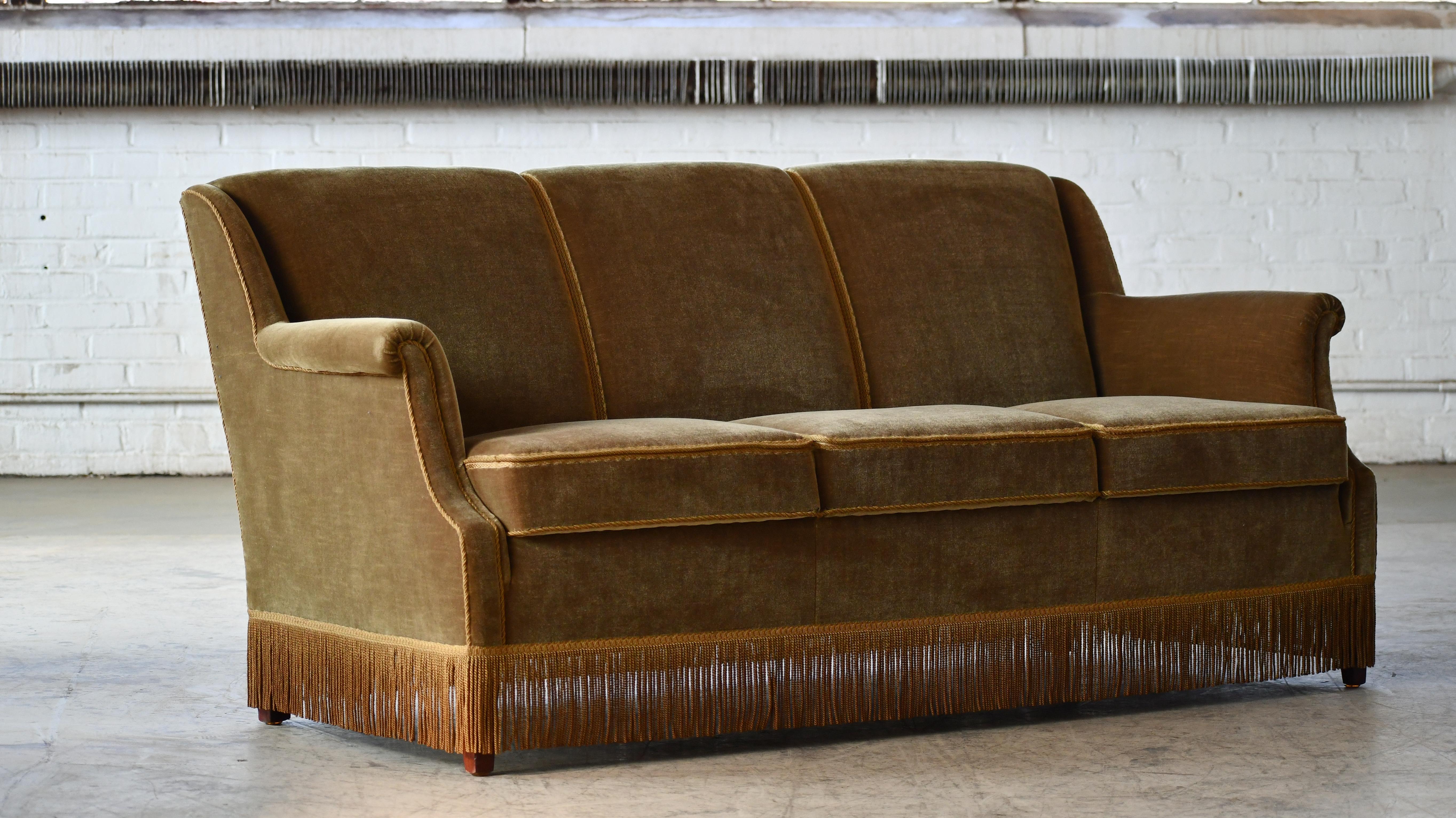 Mid-Century Modern Danish 1950's Loveseat or Small Sofa in Original Green Mohair