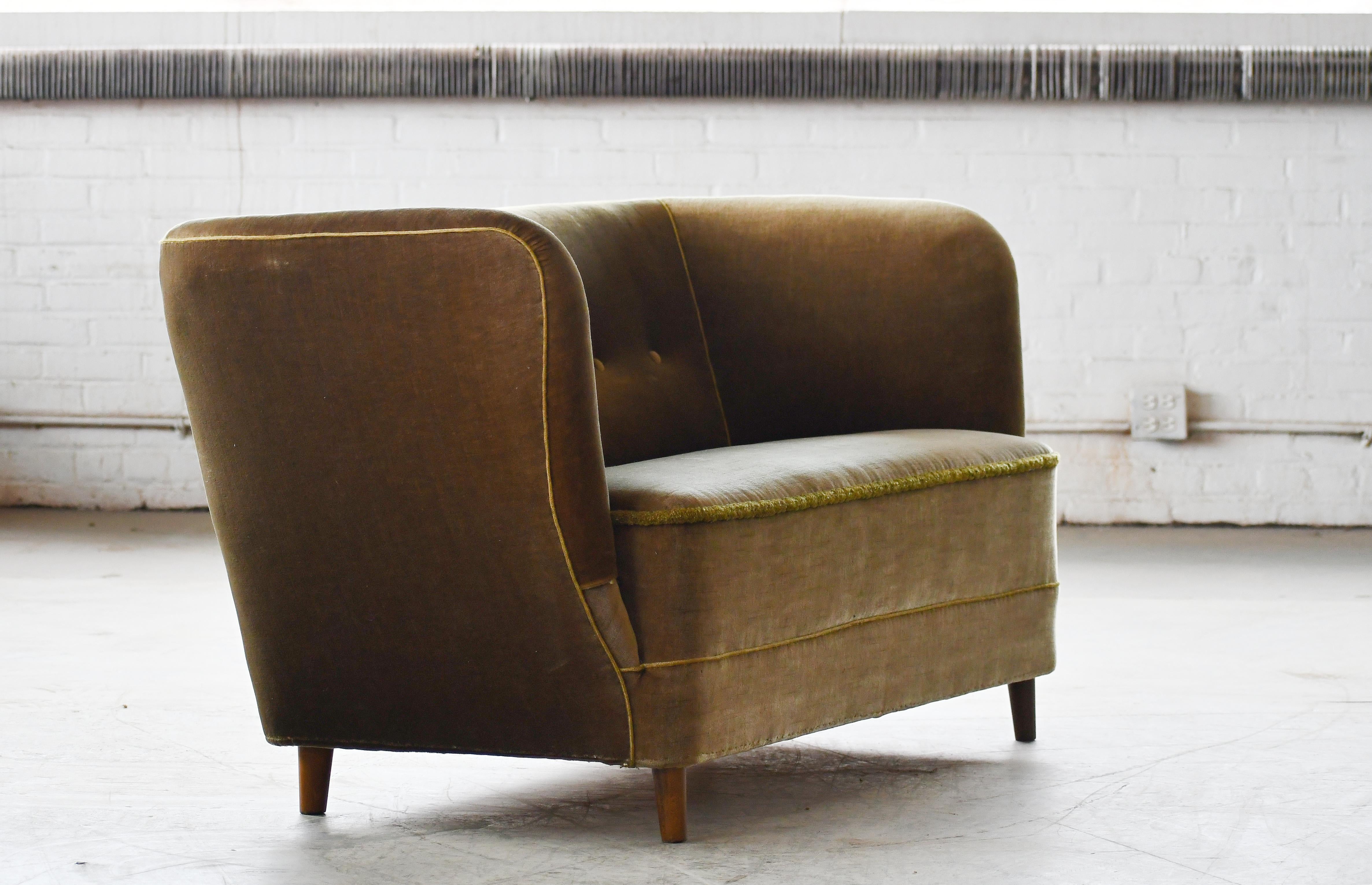 Danish 1950's Loveseat or Small Sofa in Original Green Mohair In Good Condition In Bridgeport, CT