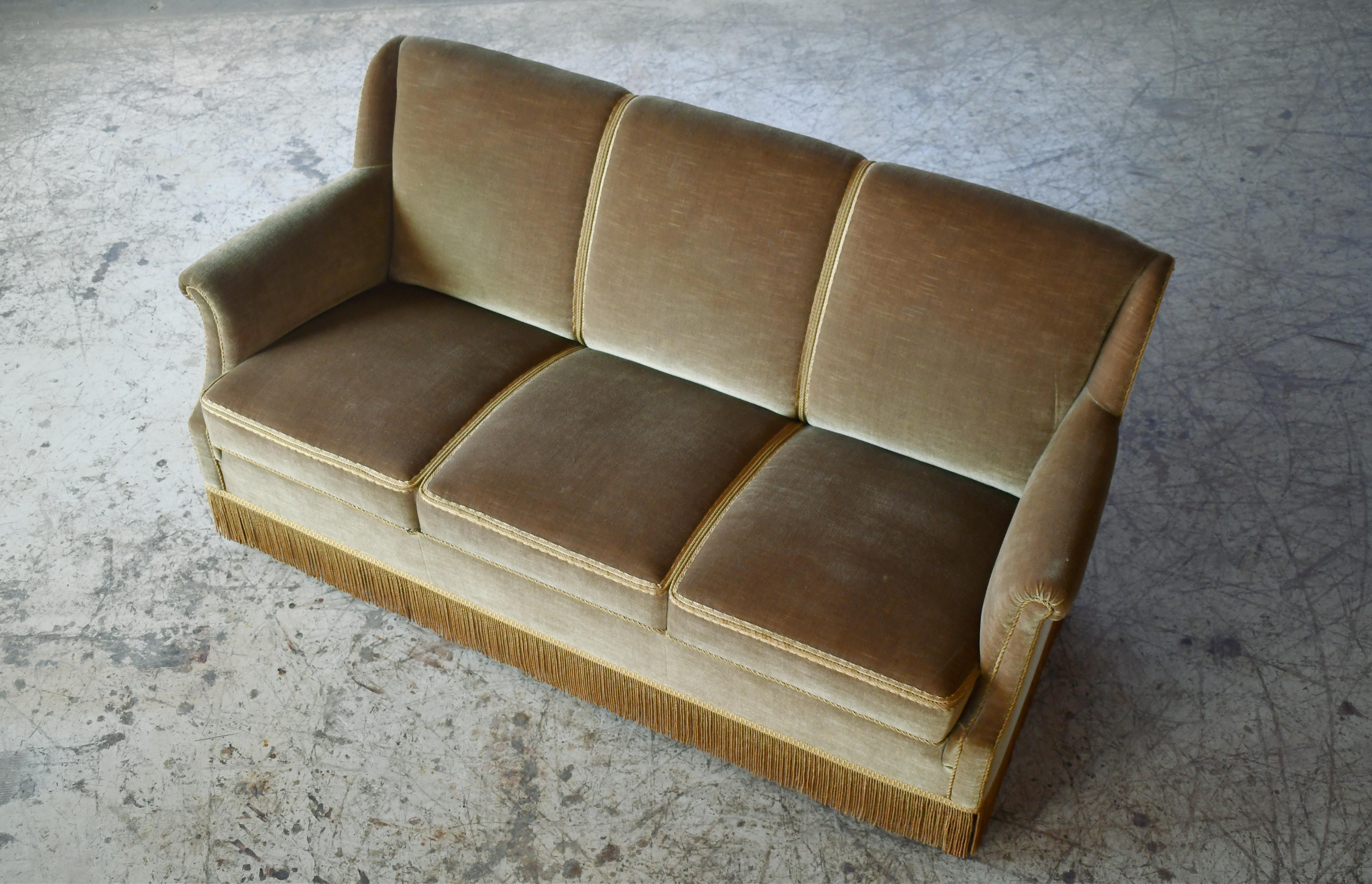 Danish 1950's Loveseat or Small Sofa in Original Green Mohair In Good Condition In Bridgeport, CT