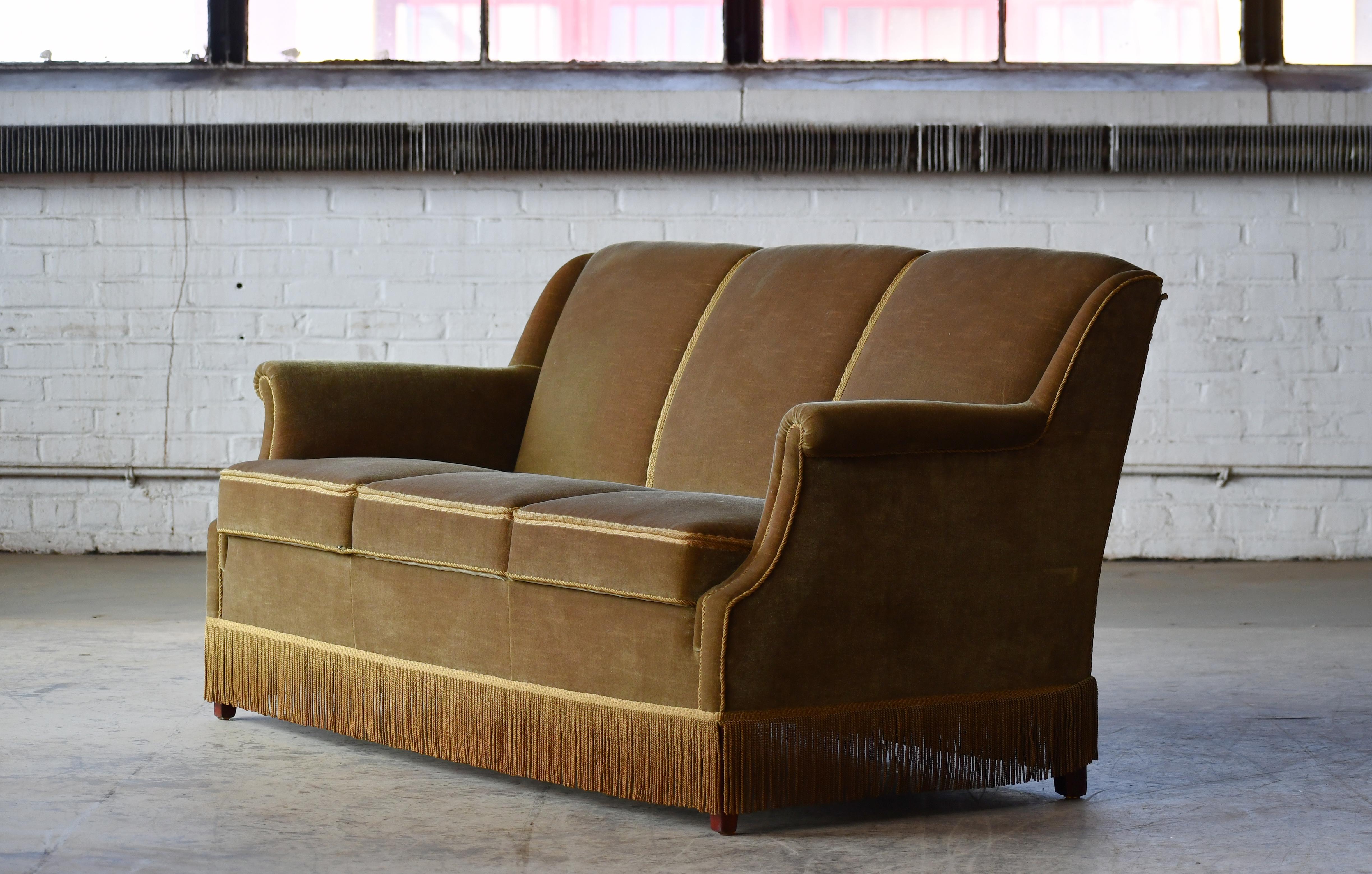 Danish 1950's Loveseat or Small Sofa in Original Green Mohair 2
