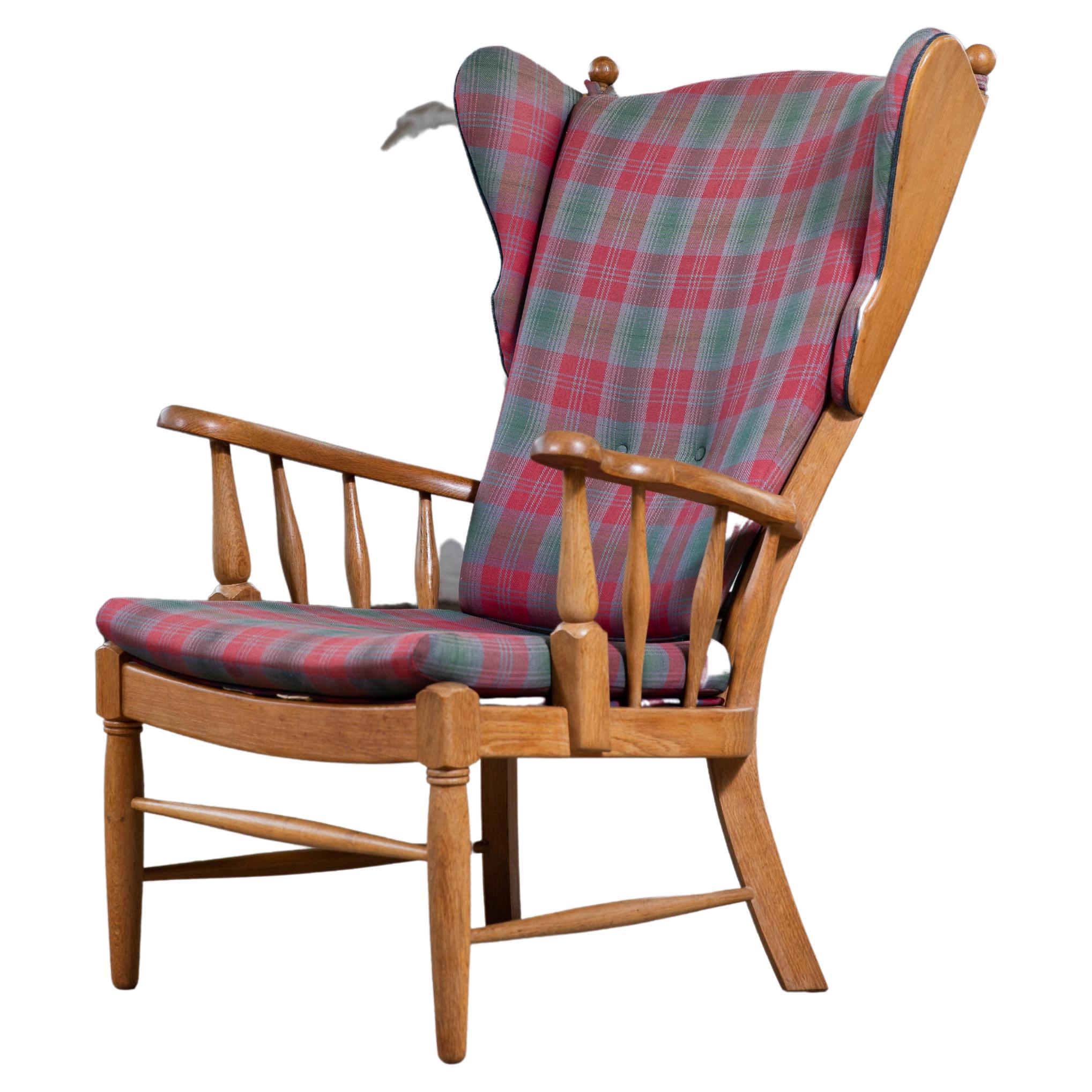 Danish 1950s Midcentury Country Style Wingback Armchair in Solid Oak For Sale