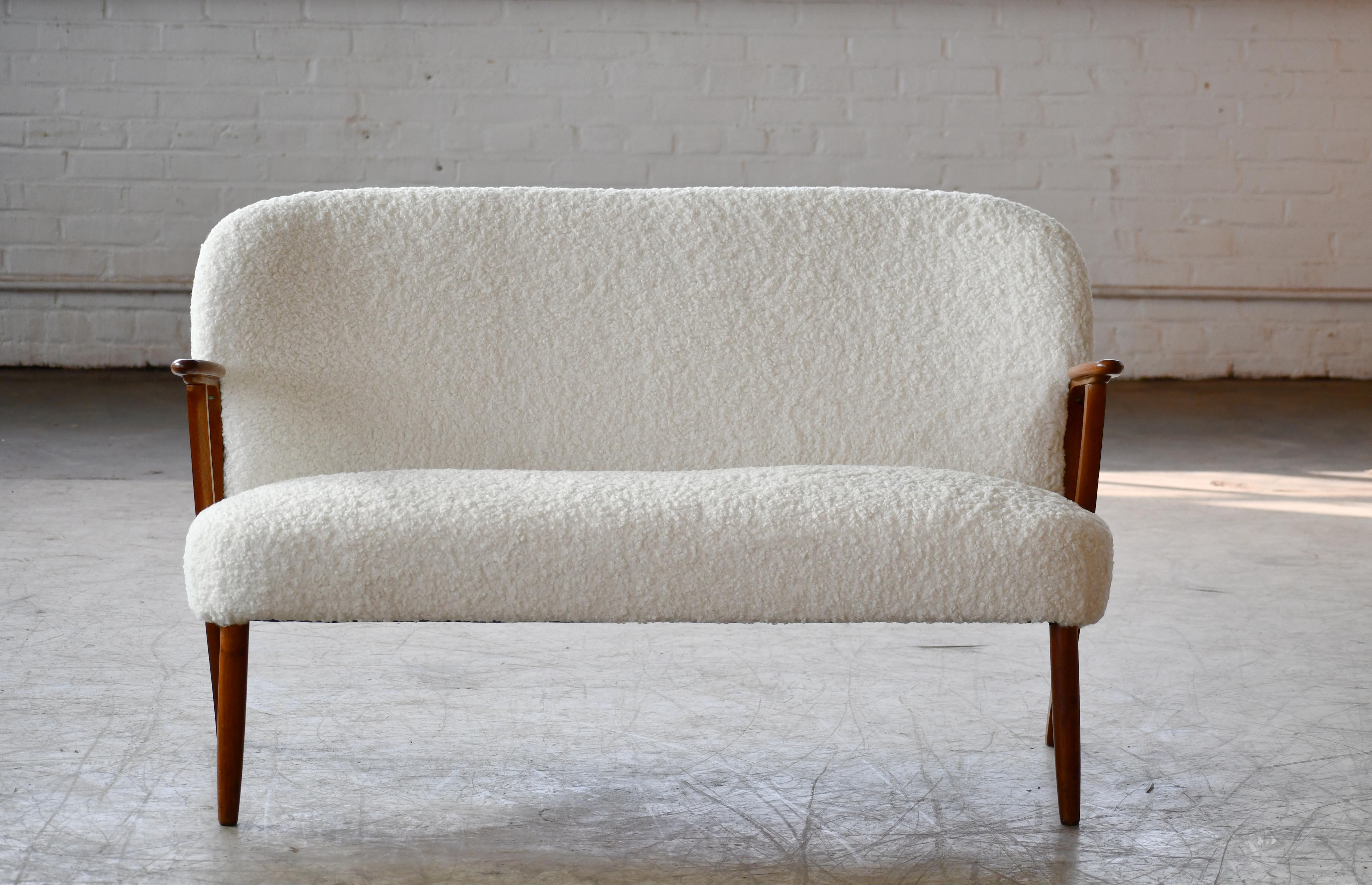 Mid-Century Modern Danish 1950s Midcentury Settee in Teak and White Boucle Newly Upholstered