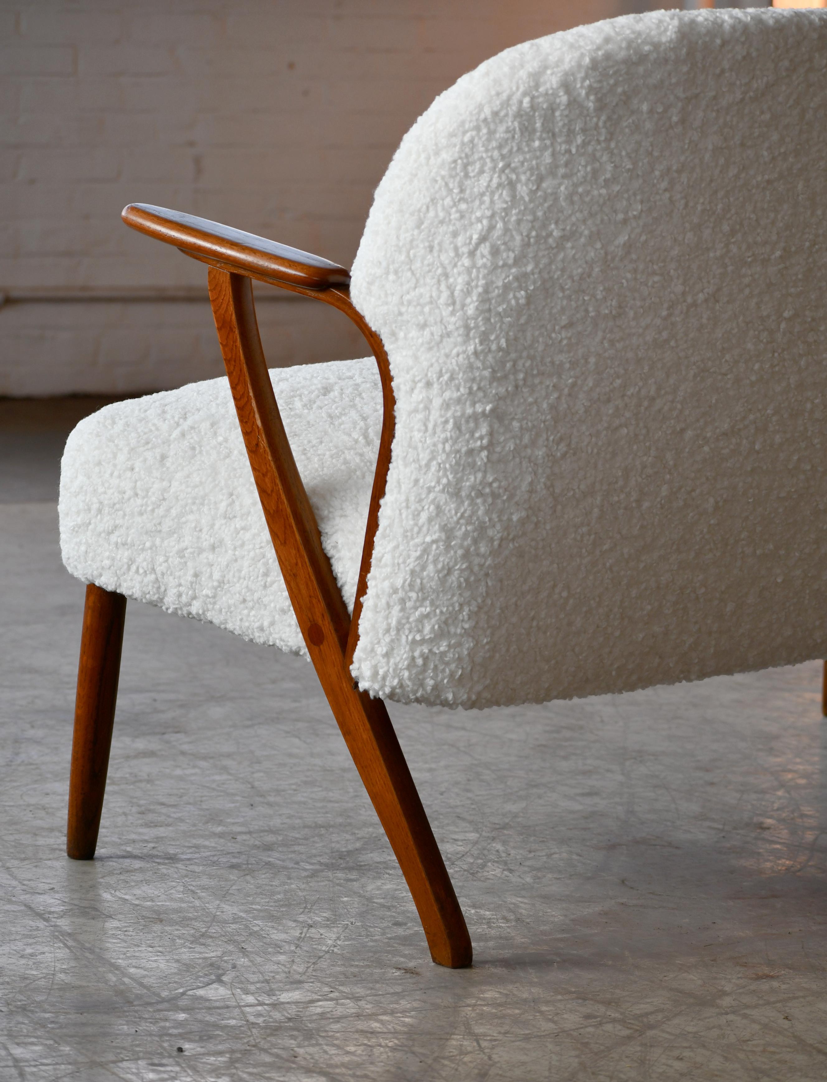 Mid-20th Century Danish 1950s Midcentury Settee in Teak and White Boucle Newly Upholstered