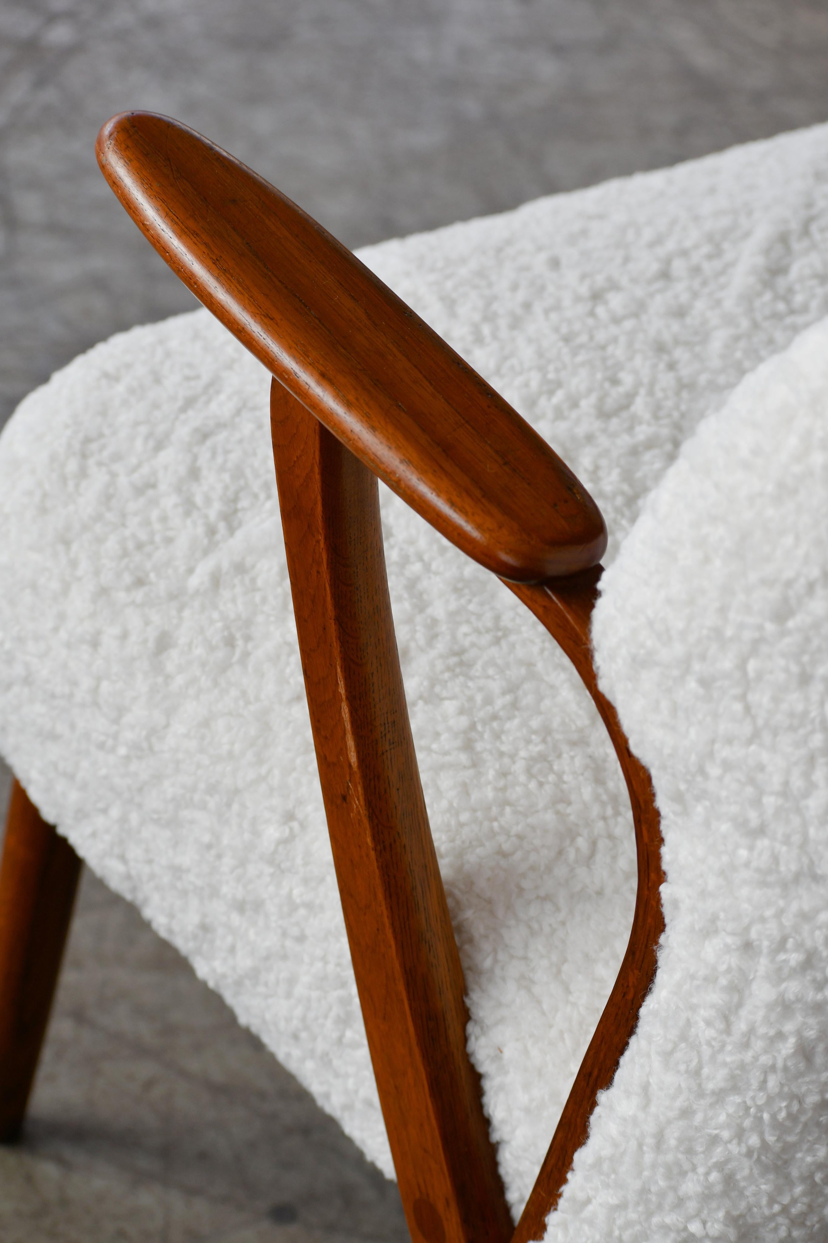 Danish 1950s Midcentury Settee in Teak and White Boucle Newly Upholstered 1