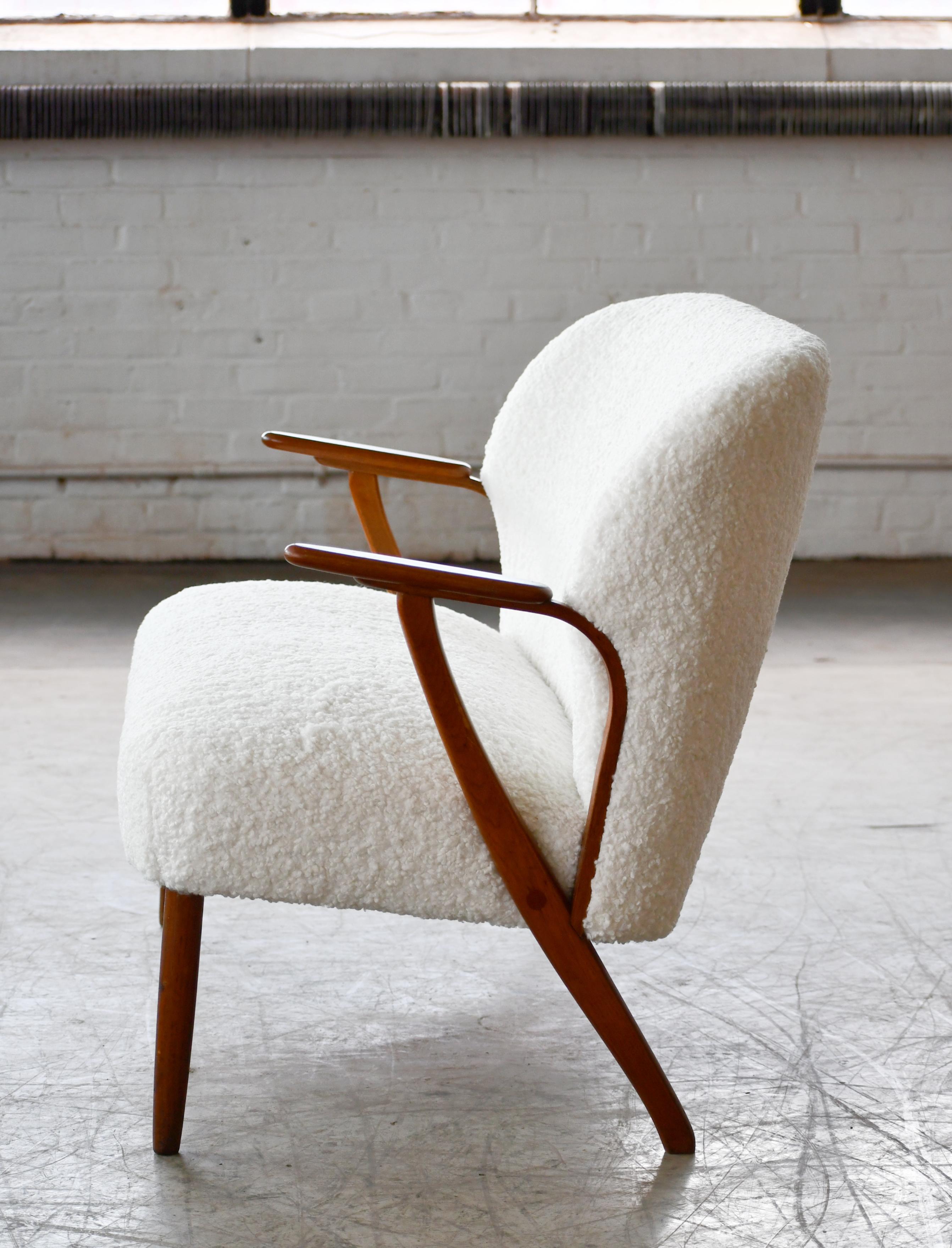 Danish 1950s Midcentury Settee in Teak and White Boucle Newly Upholstered 2