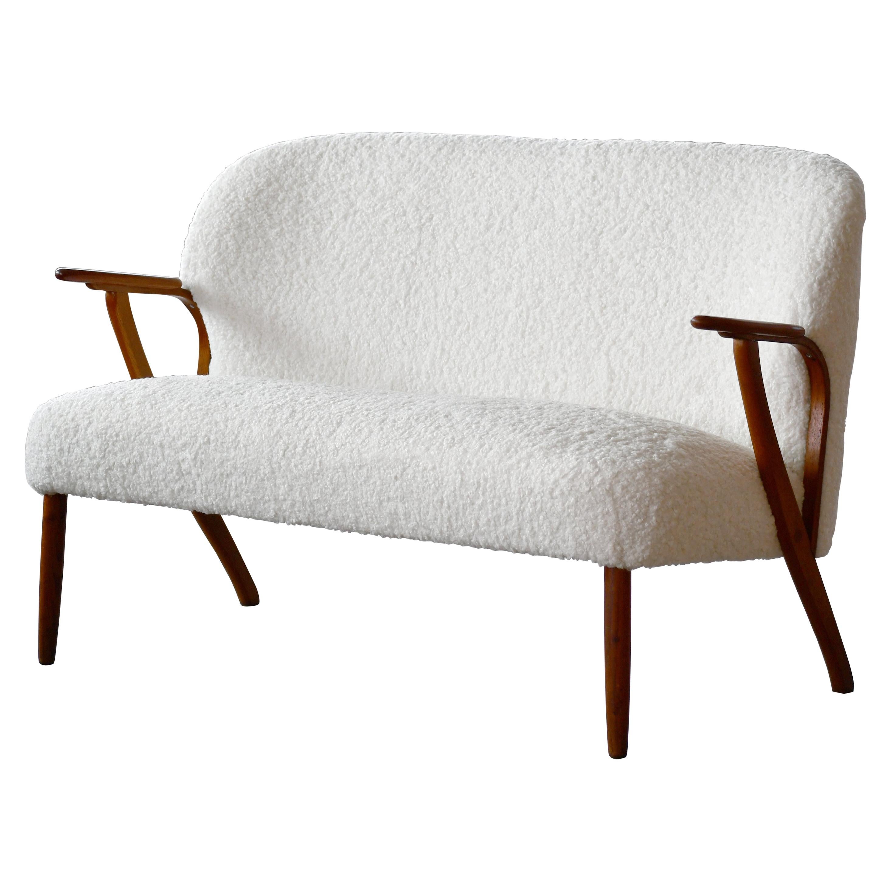 Danish 1950s Midcentury Settee in Teak and White Boucle Newly Upholstered