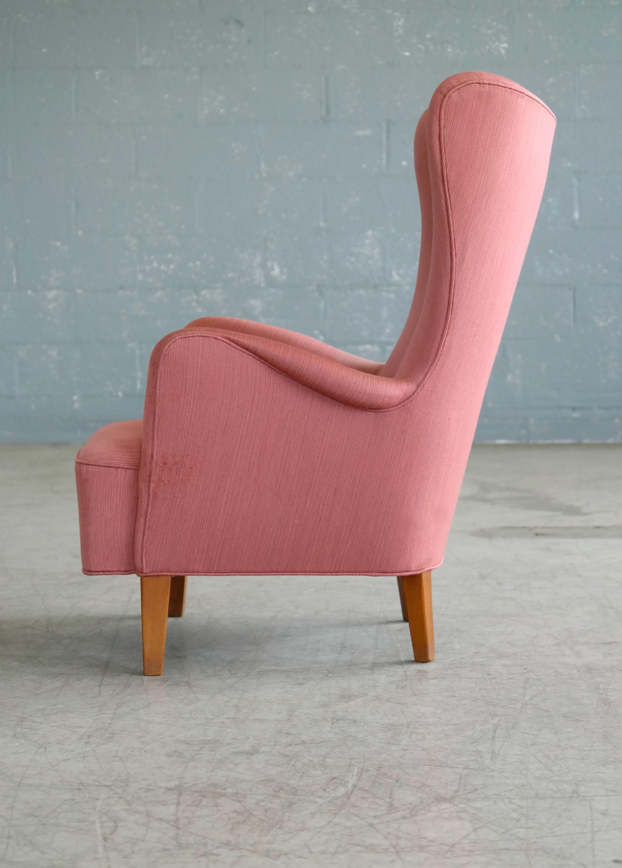 Danish 1950s Mogens Lassen Style High Back Lounge Chair in Red Wool 6